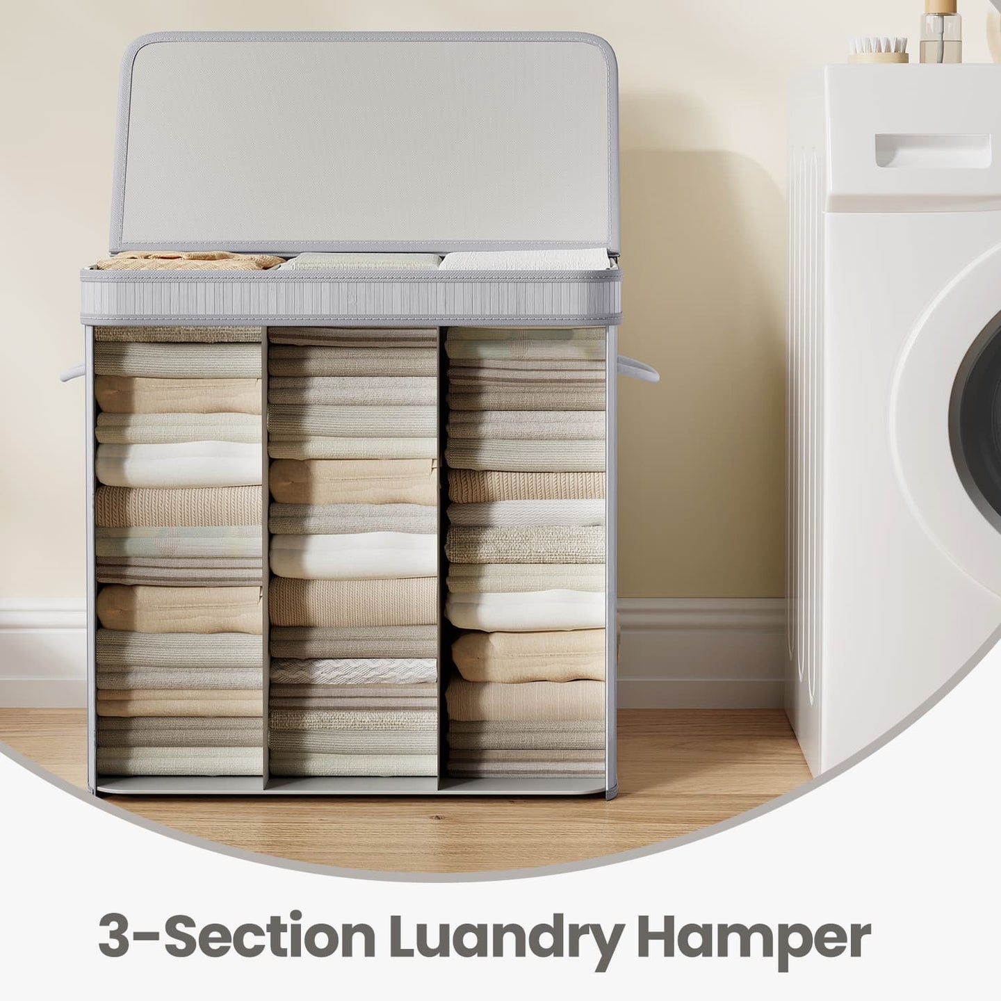 Bamboo Laundry Basket - 100 L - Grey - Lid and Removable Machine Washable with Handles