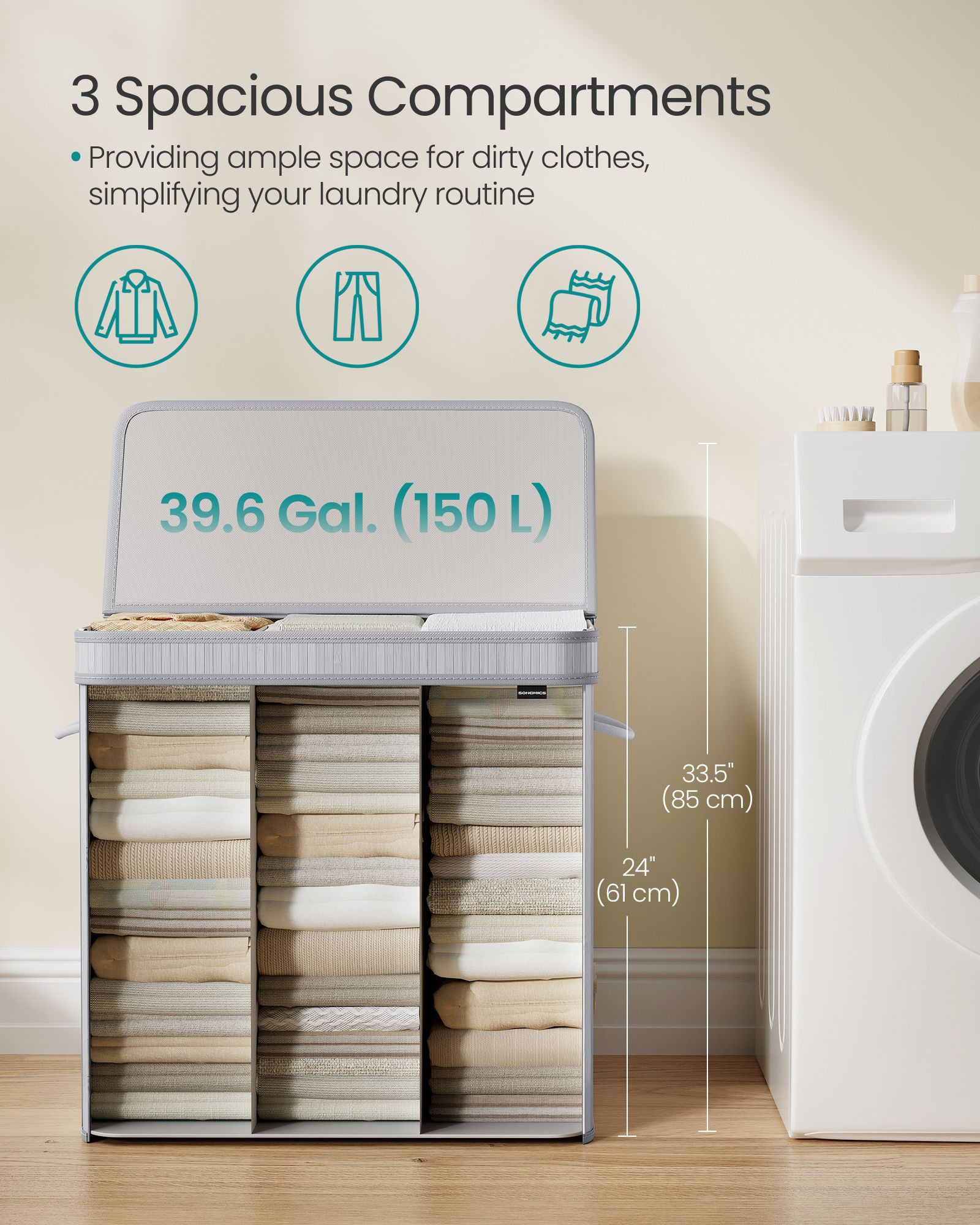 Laundry Hamper - Bamboo - Dove Grey - Removable and Machine Washable with Lid and Handles