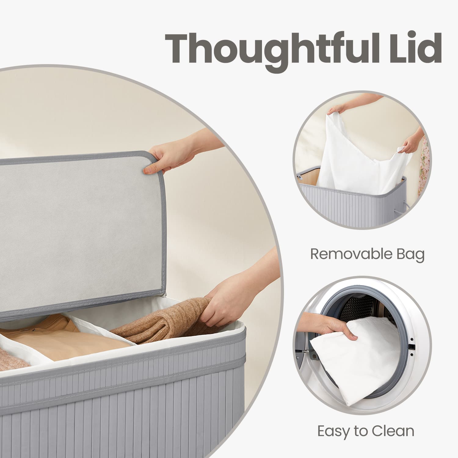 Bamboo Laundry Basket - 100 L - Grey - Lid and Removable Machine Washable with Handles