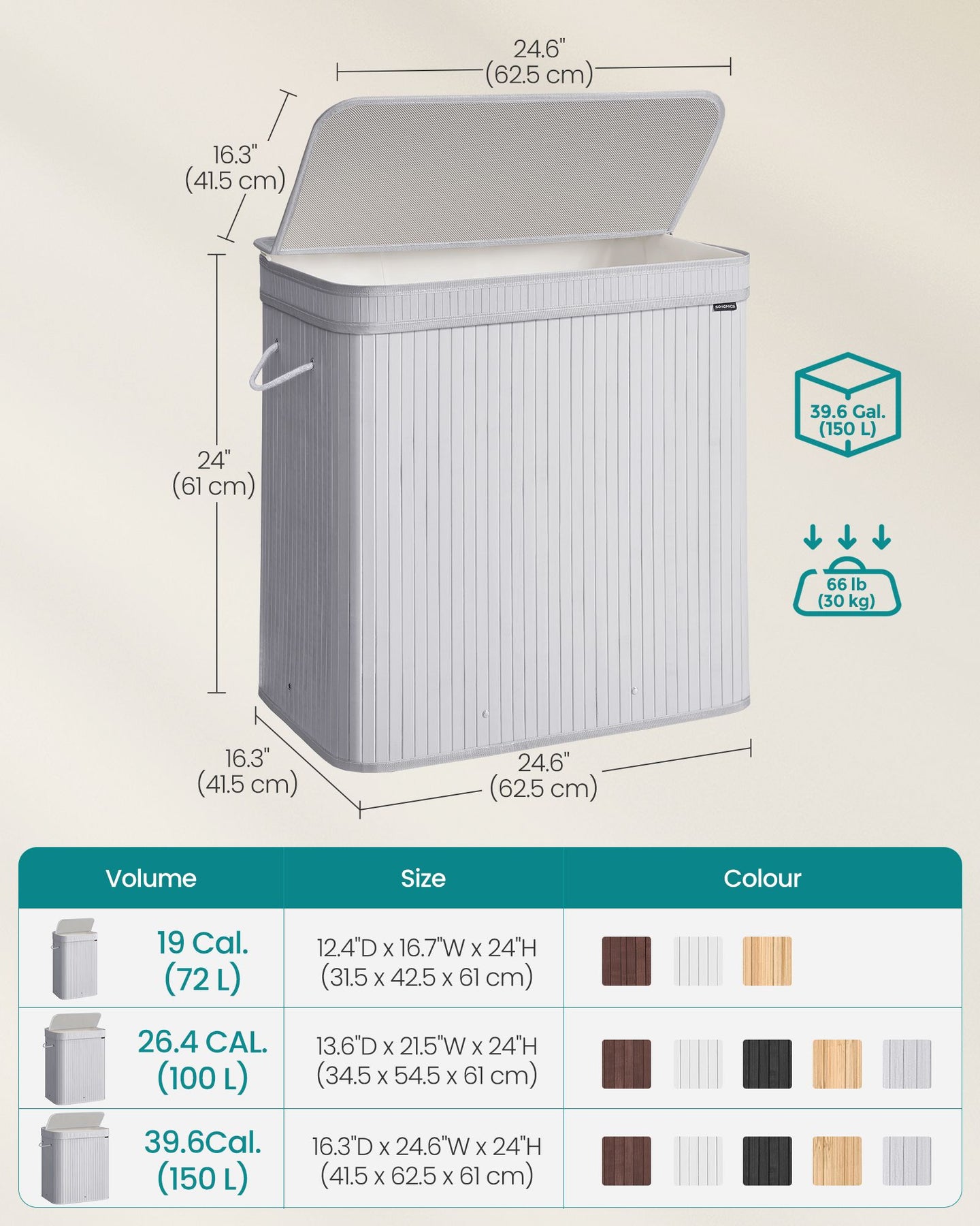 Laundry Hamper - Bamboo - Dove Grey - Removable and Machine Washable with Lid and Handles