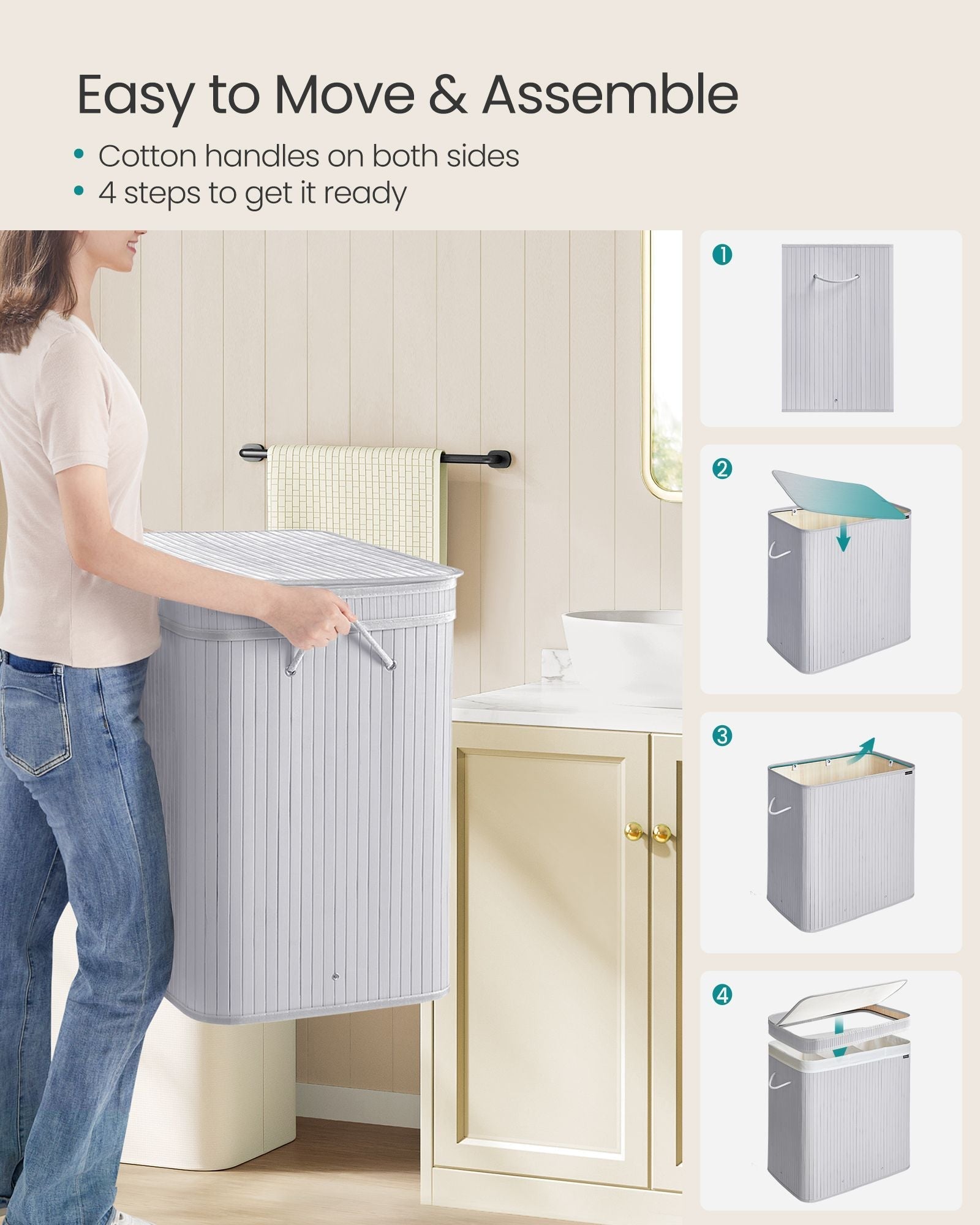 Laundry Hamper - Bamboo - Dove Grey - Removable and Machine Washable with Lid and Handles