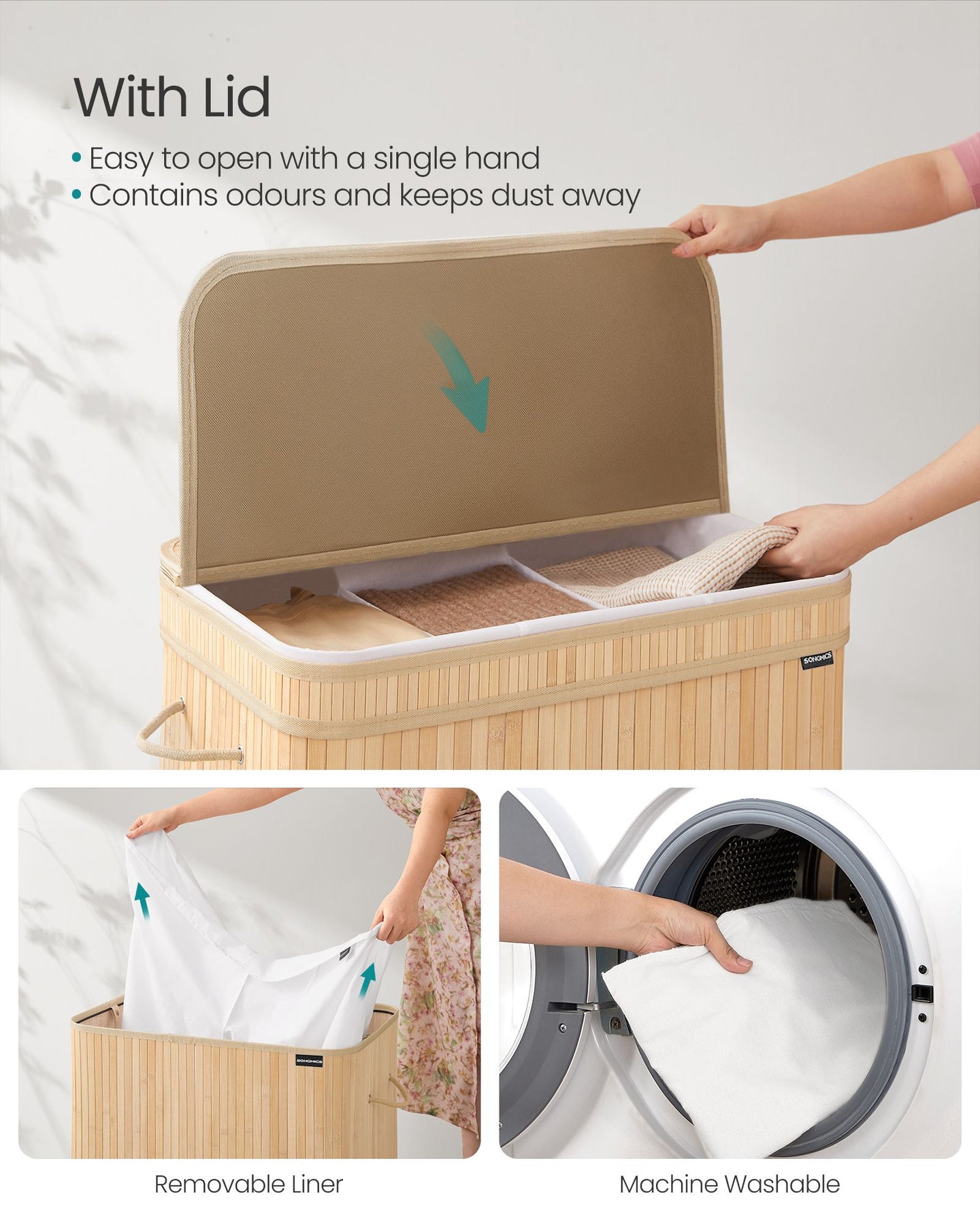 Laundry Hamper - Bamboo - Natural Beige - Removable and Machine Washable with Lid and Handles