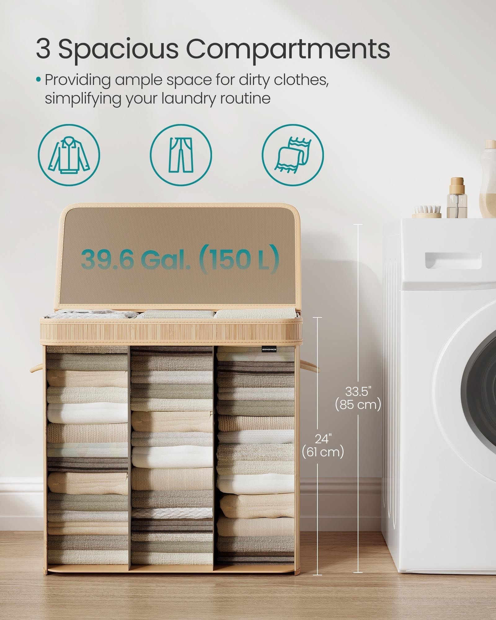 Laundry Hamper - Bamboo - Natural Beige - Removable and Machine Washable with Lid and Handles
