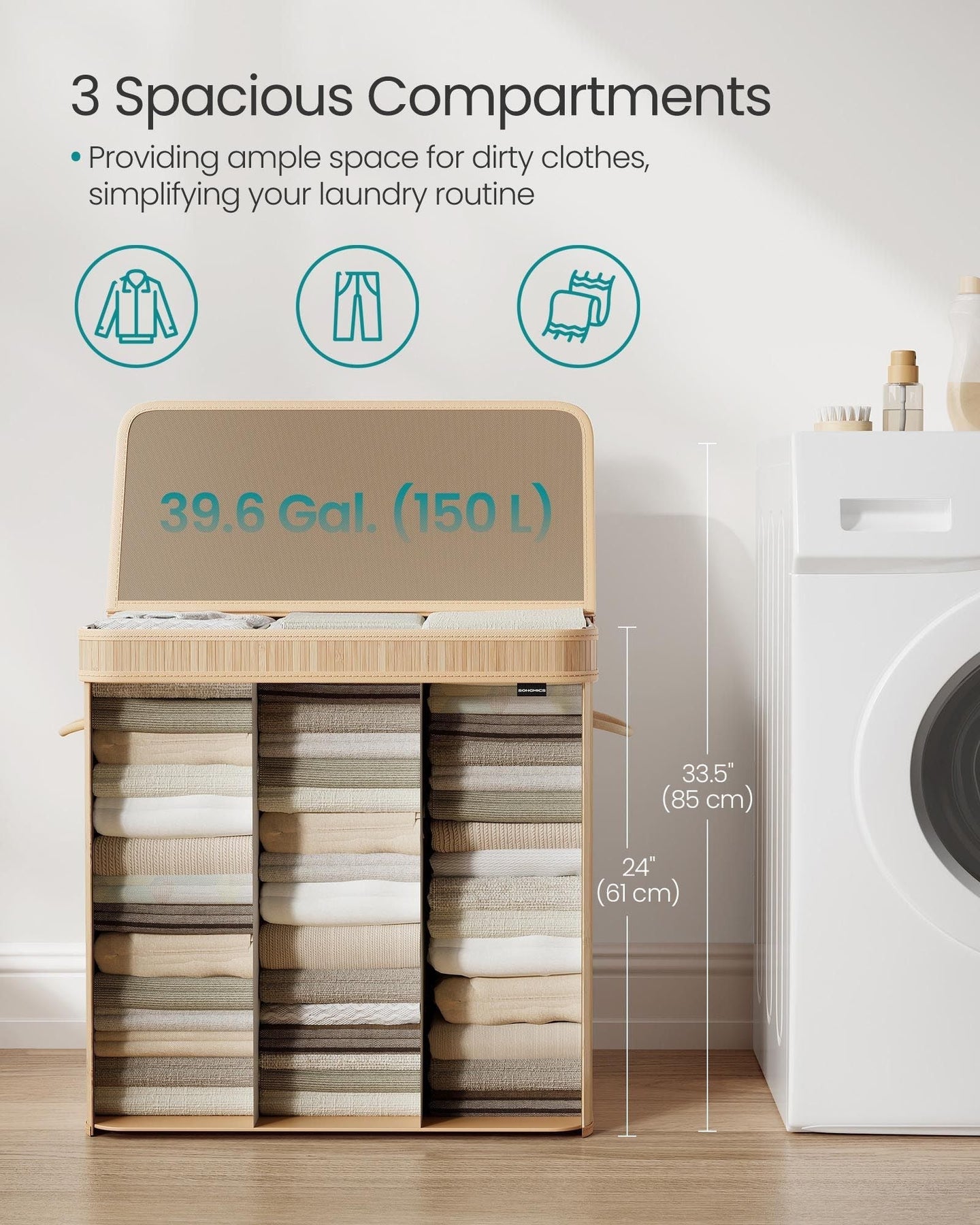 Laundry Hamper - Bamboo - Natural Beige - Removable and Machine Washable with Lid and Handles