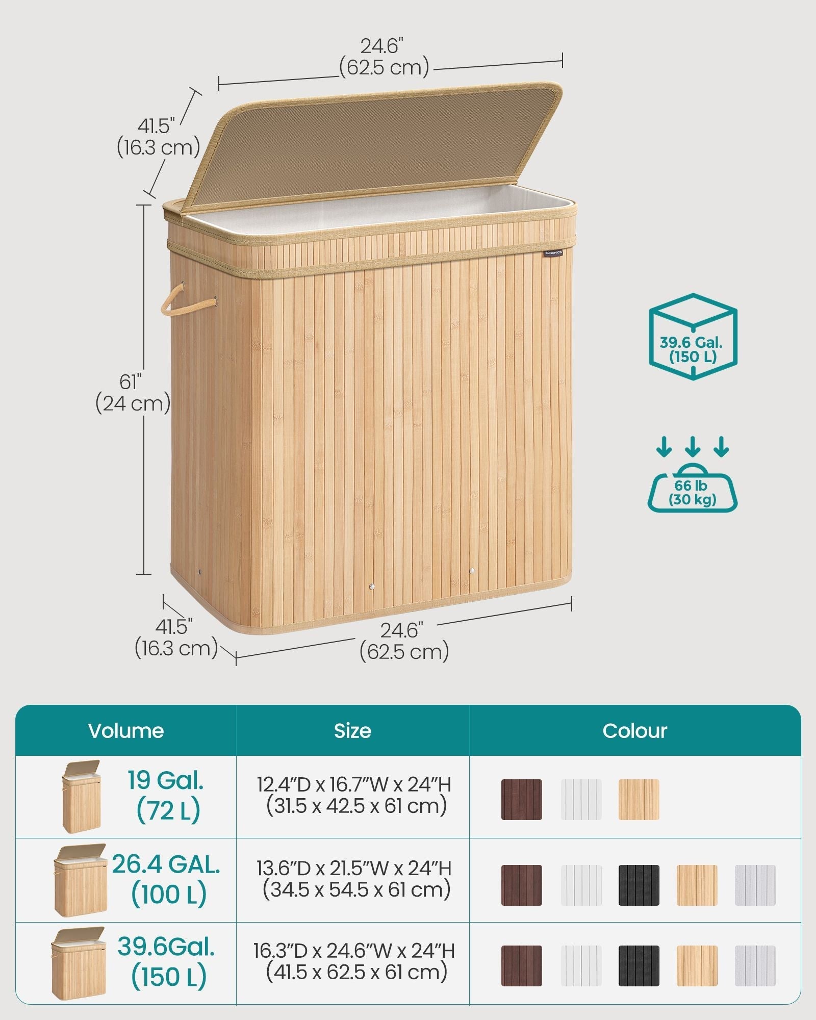 Laundry Hamper - Bamboo - Natural Beige - Removable and Machine Washable with Lid and Handles