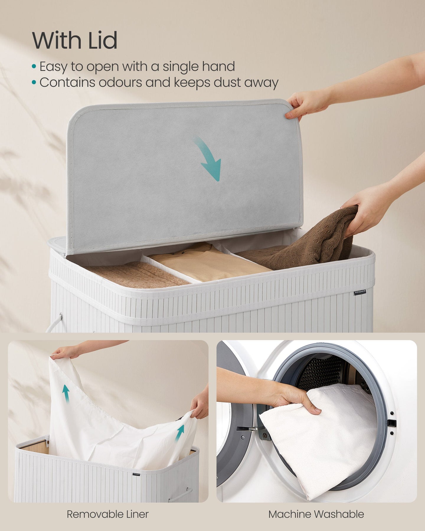 Laundry Hamper - Bamboo - Cloud White - Removable and Machine Washable with Handles