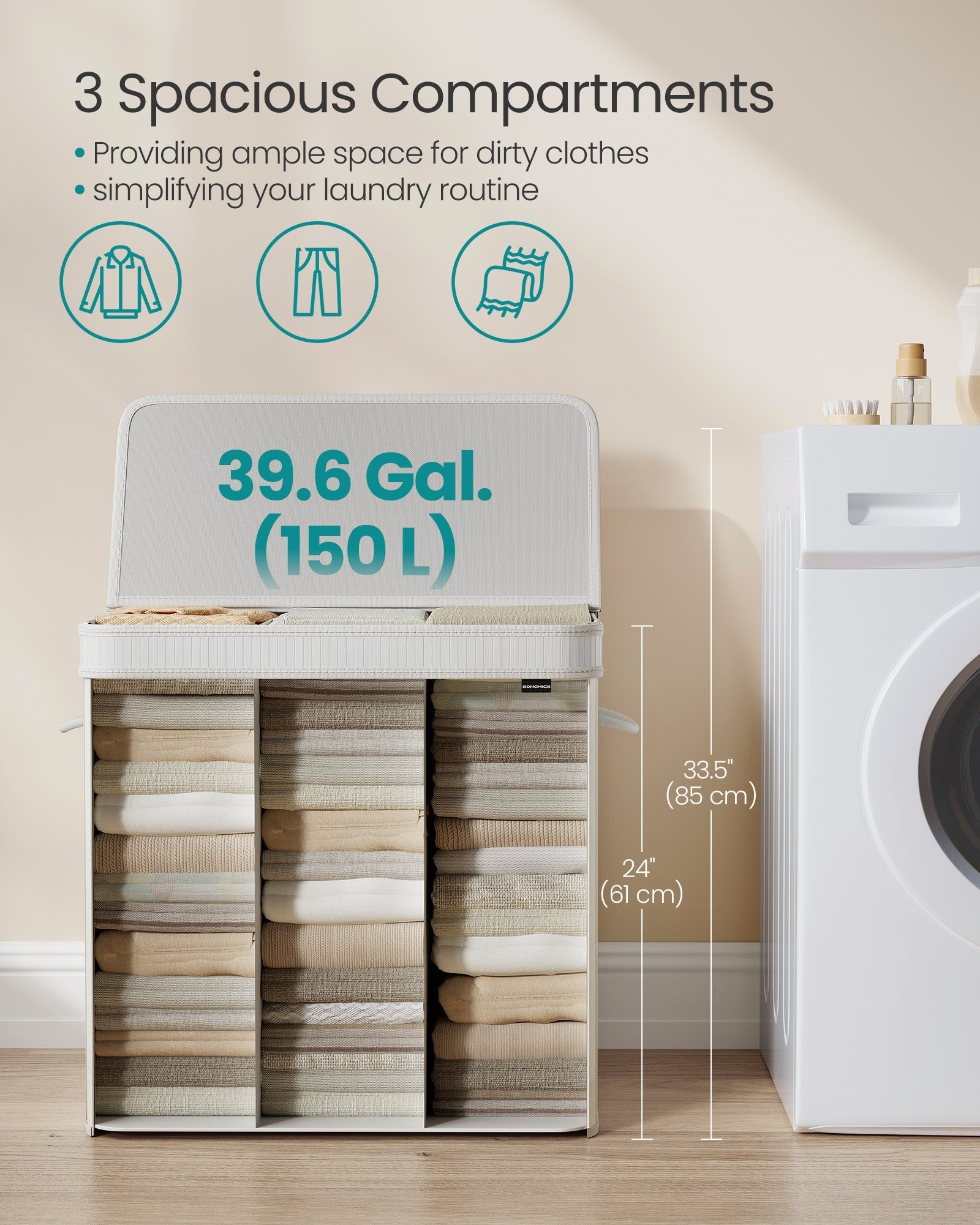 Laundry Hamper - Bamboo - Cloud White - Removable and Machine Washable with Handles