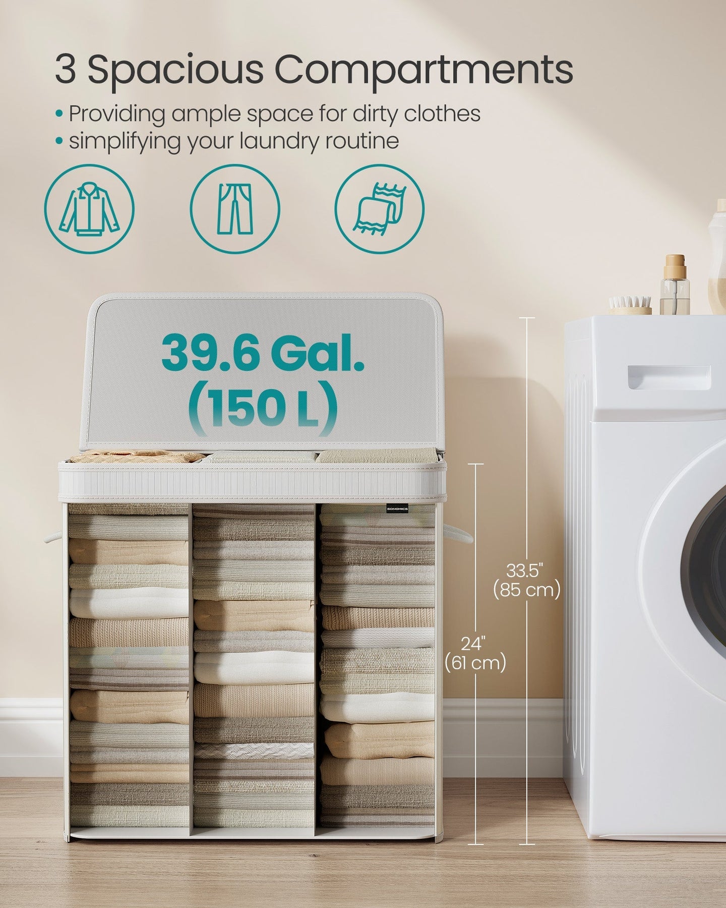Laundry Hamper - Bamboo - Cloud White - Removable and Machine Washable with Handles