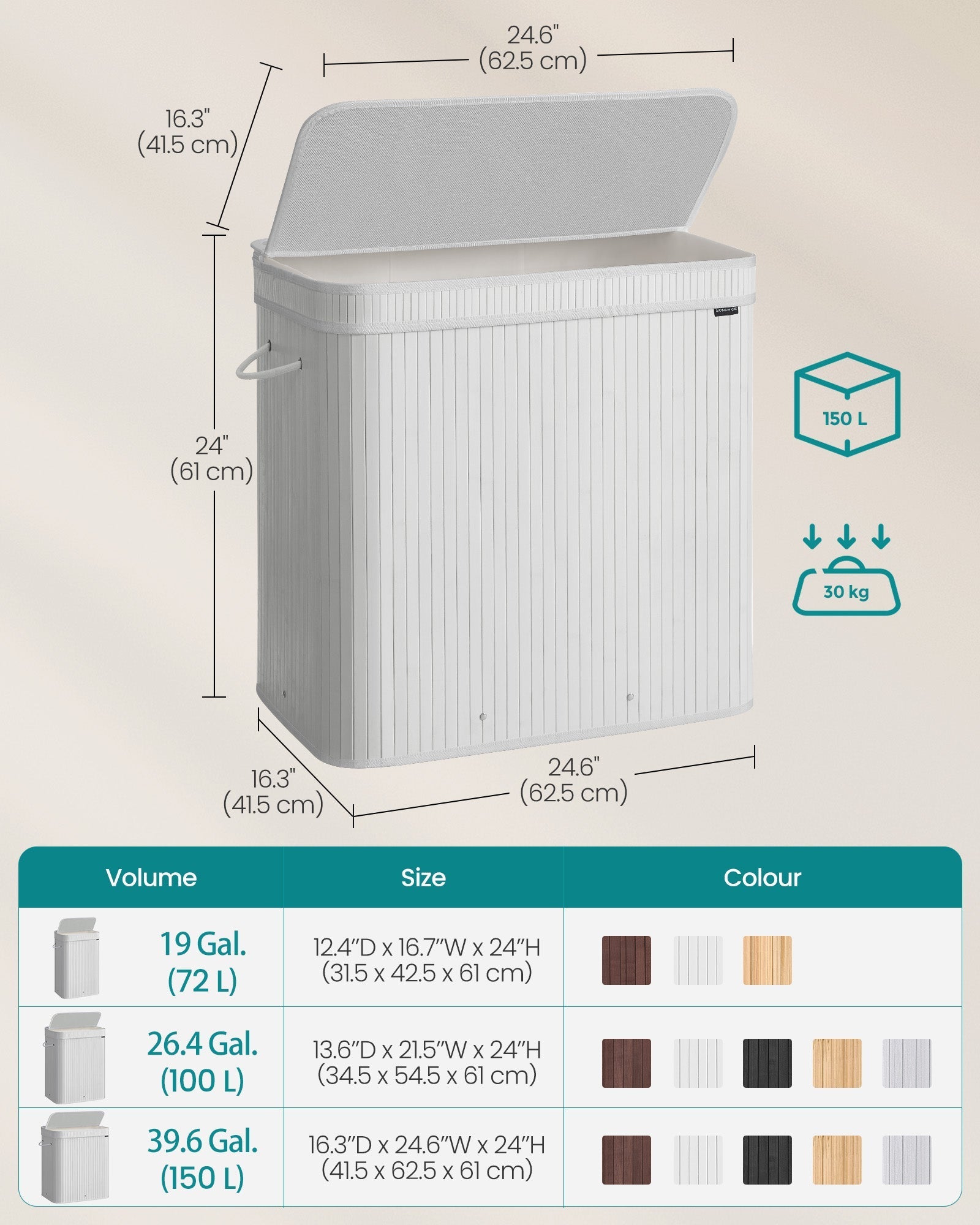 Laundry Hamper - Bamboo - Cloud White - Removable and Machine Washable with Handles