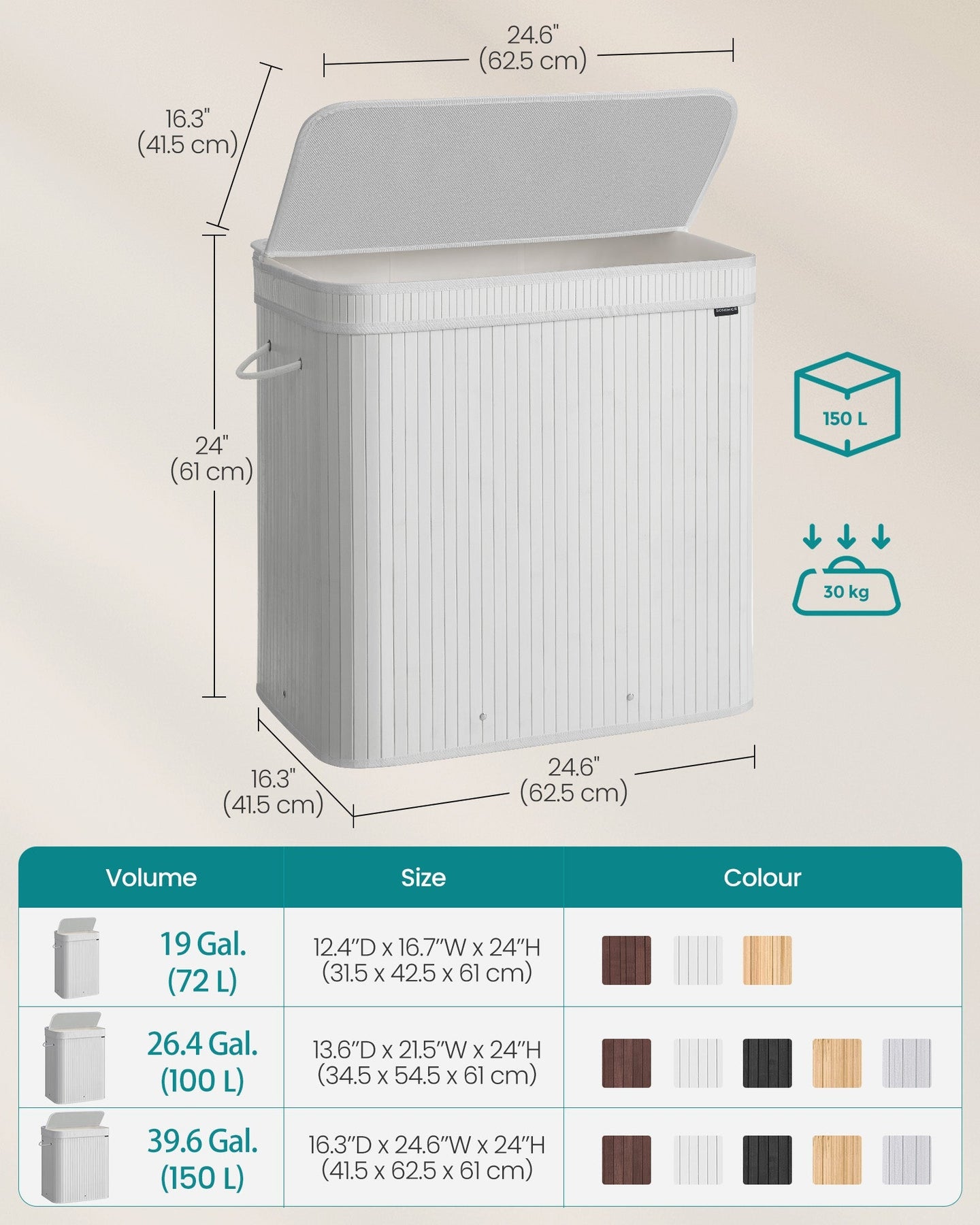 Laundry Hamper - Bamboo - Cloud White - Removable and Machine Washable with Handles