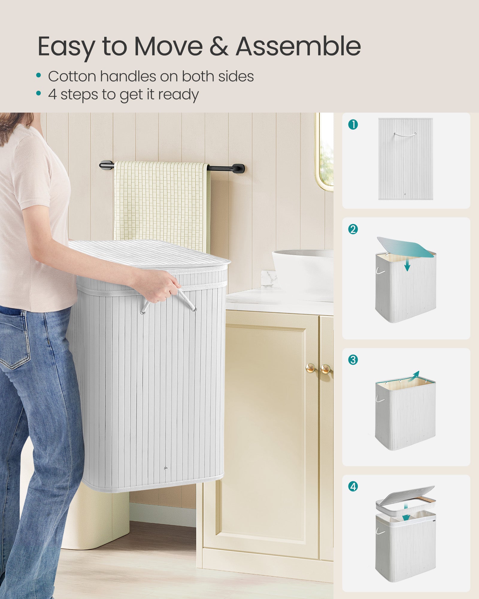 Laundry Hamper - Bamboo - Cloud White - Removable and Machine Washable with Handles