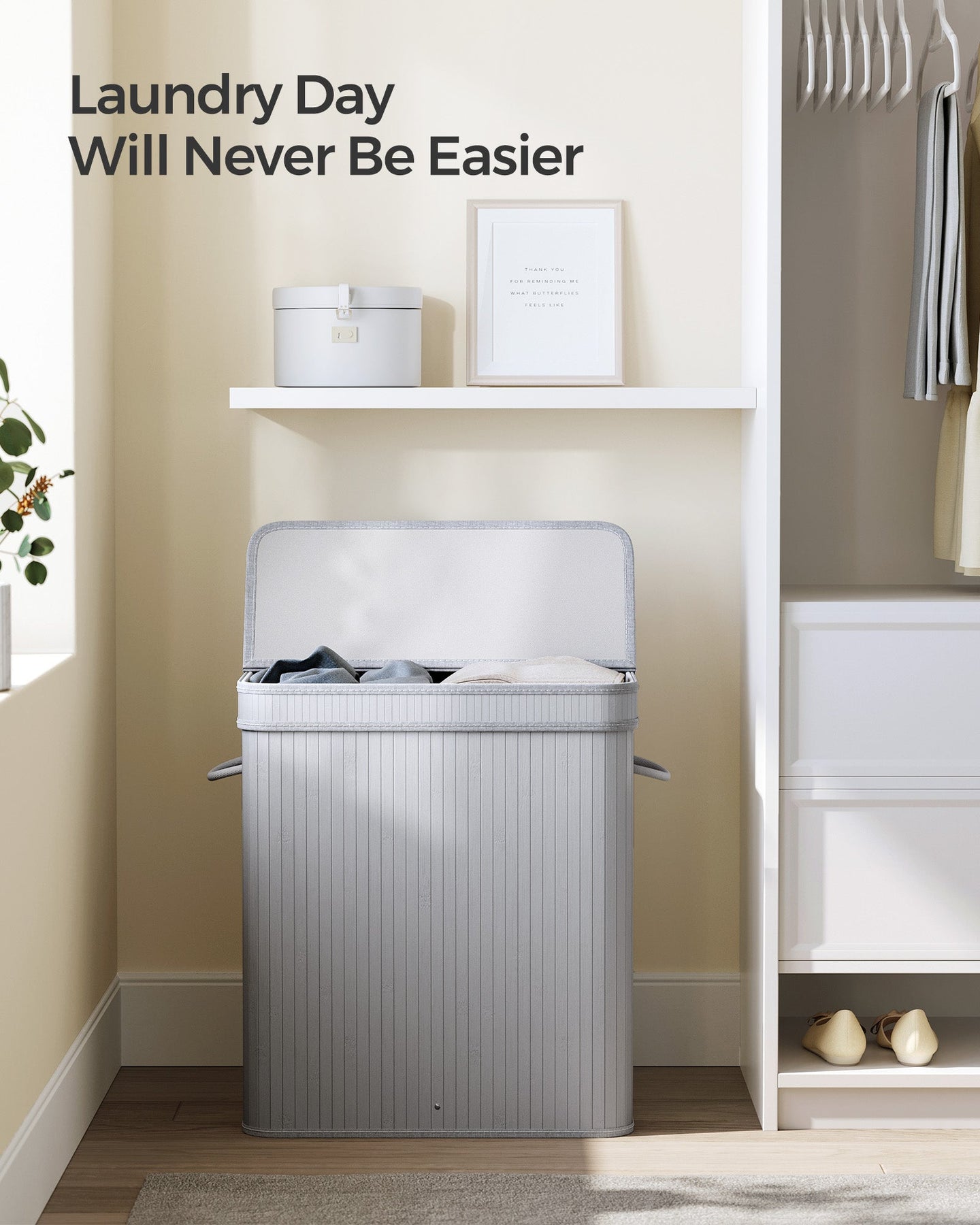 Laundry Hamper - Bamboo - Grey - 100L with Lid and Handles