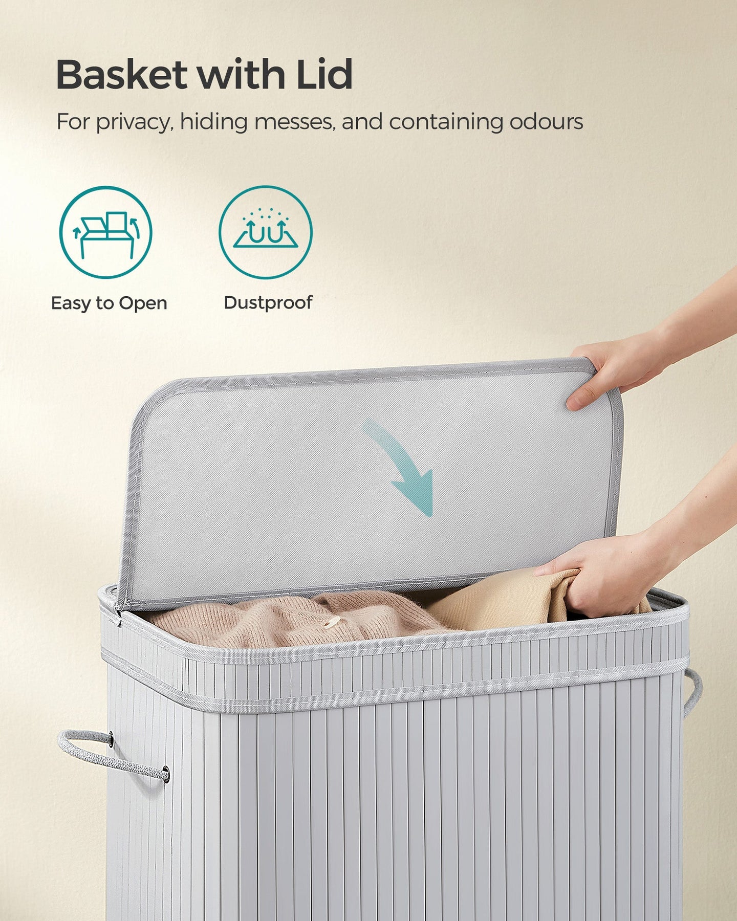 Laundry Hamper - Bamboo - Grey - 100L with Lid and Handles
