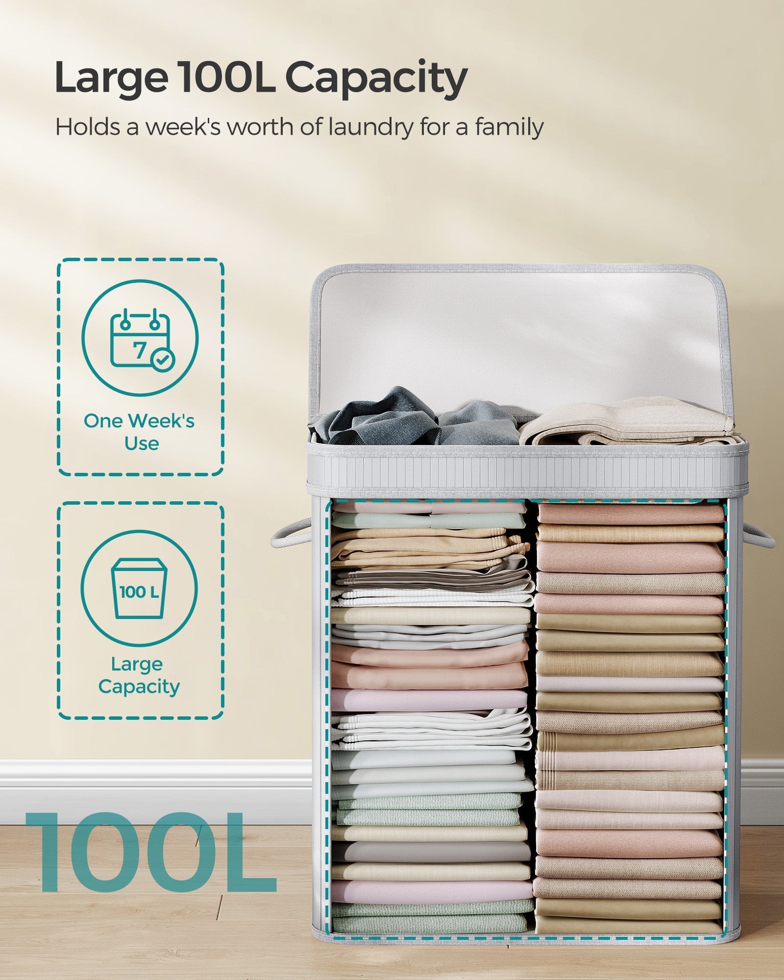 Laundry Hamper - Bamboo - Grey - 100L with Lid and Handles