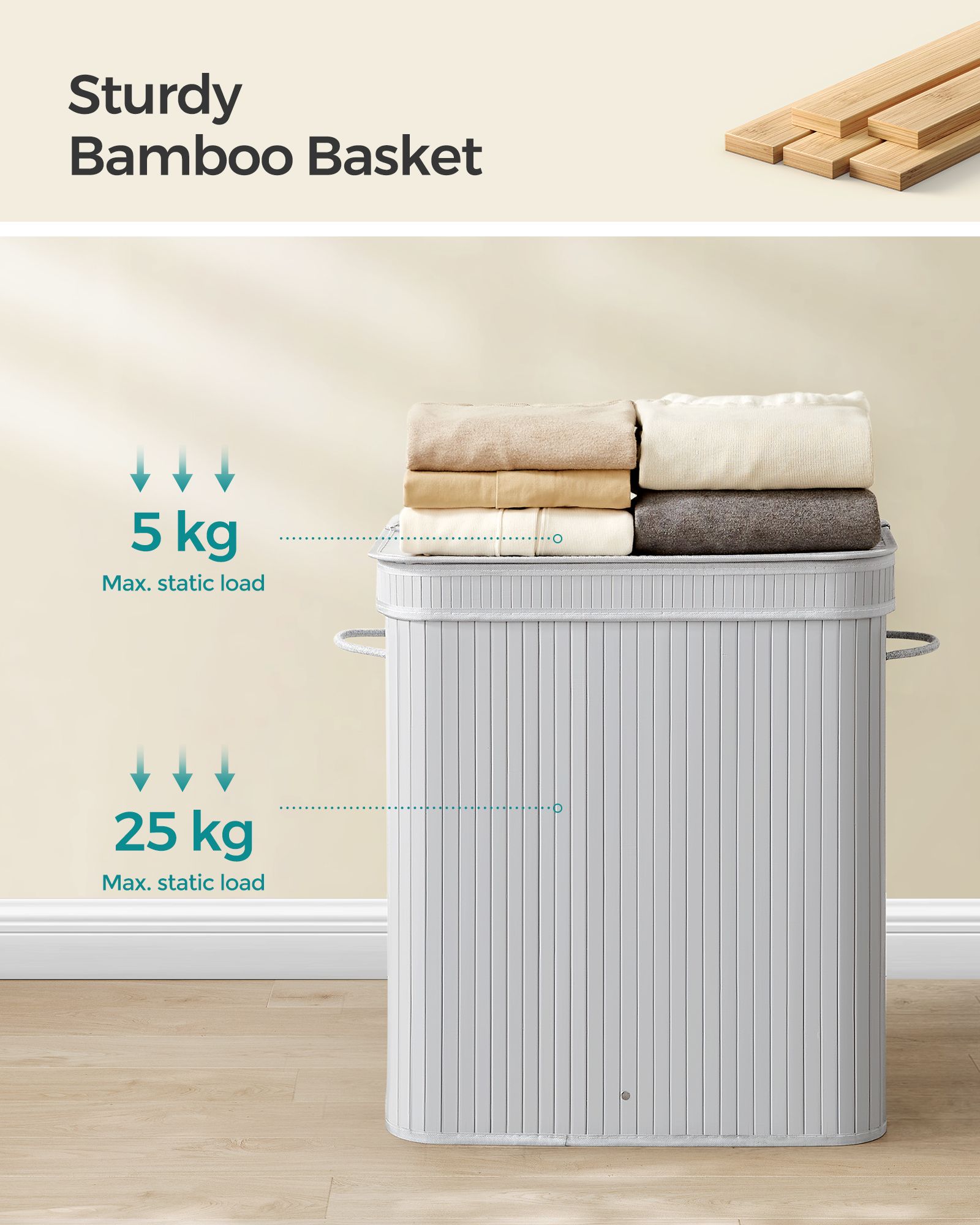 Laundry Hamper - Bamboo - Grey - 100L with Lid and Handles