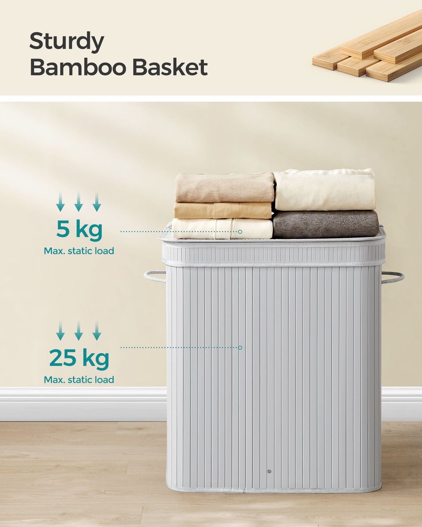 Laundry Hamper - Bamboo - Grey - 100L with Lid and Handles