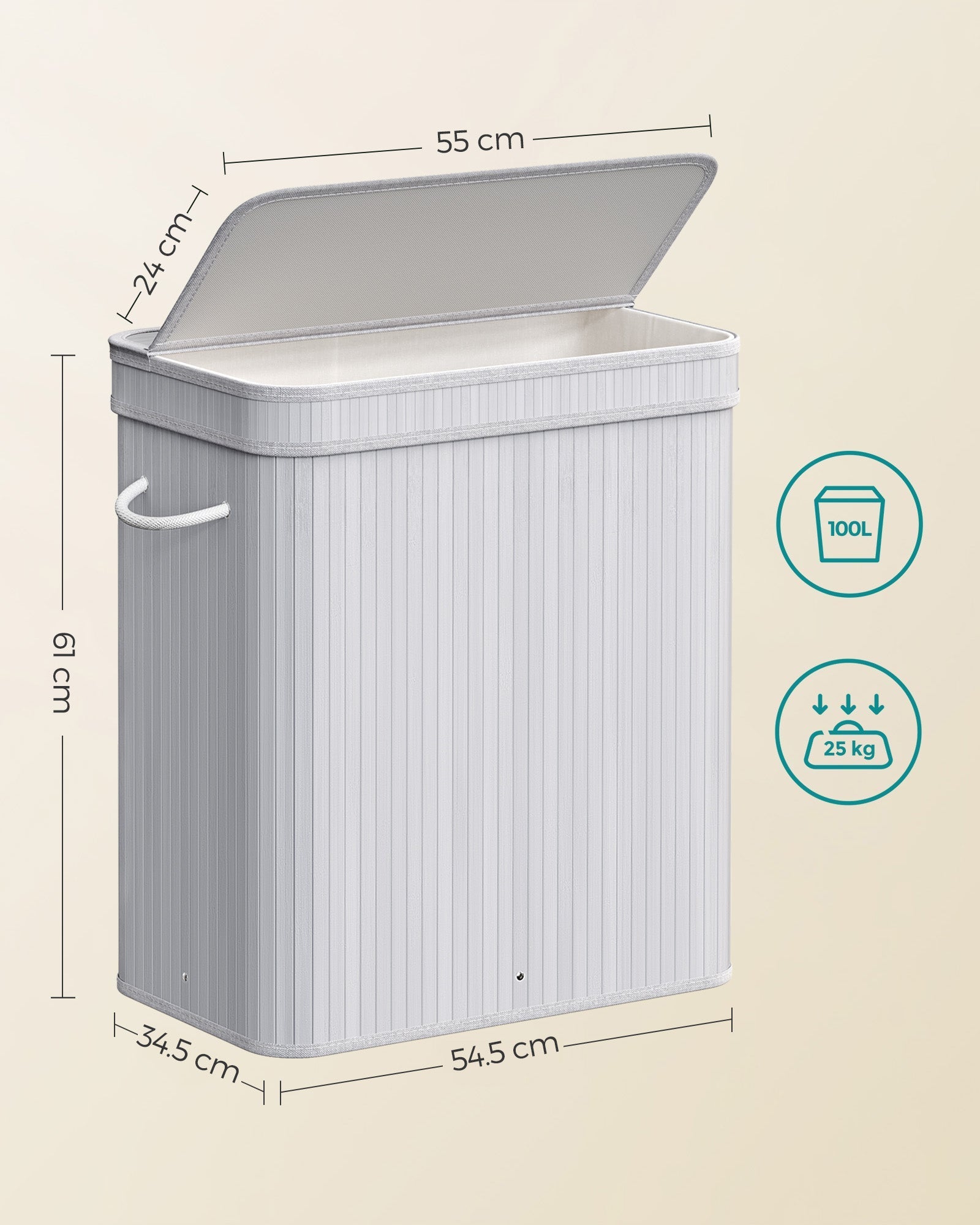 Laundry Hamper - Bamboo - Grey - 100L with Lid and Handles