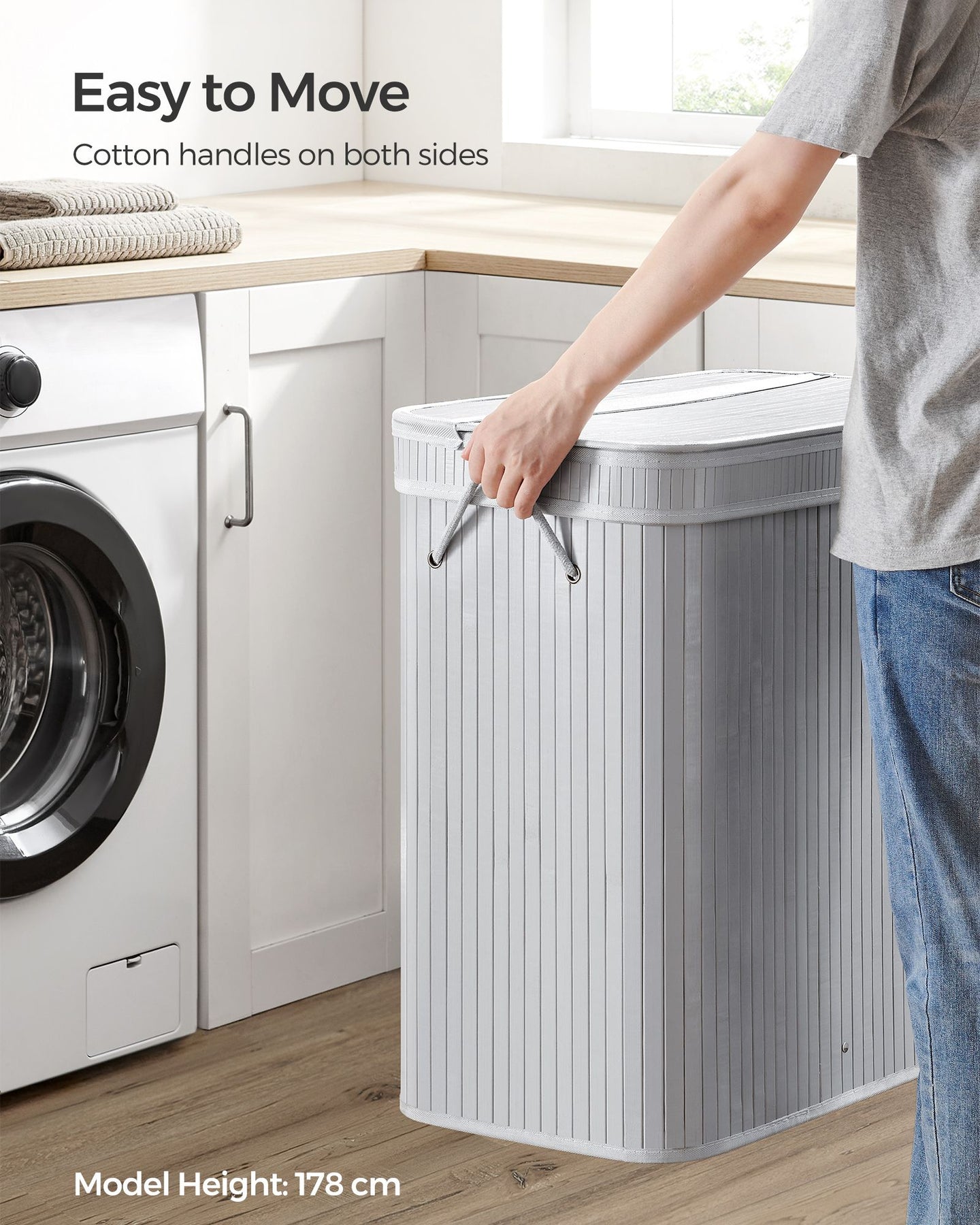 Laundry Hamper - Bamboo - Grey - 100L with Lid and Handles
