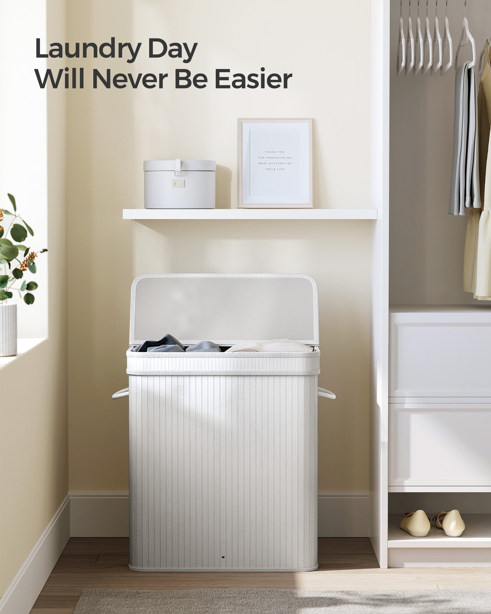 Laundry Hamper - Bamboo - White - 100L with Lid and Handles