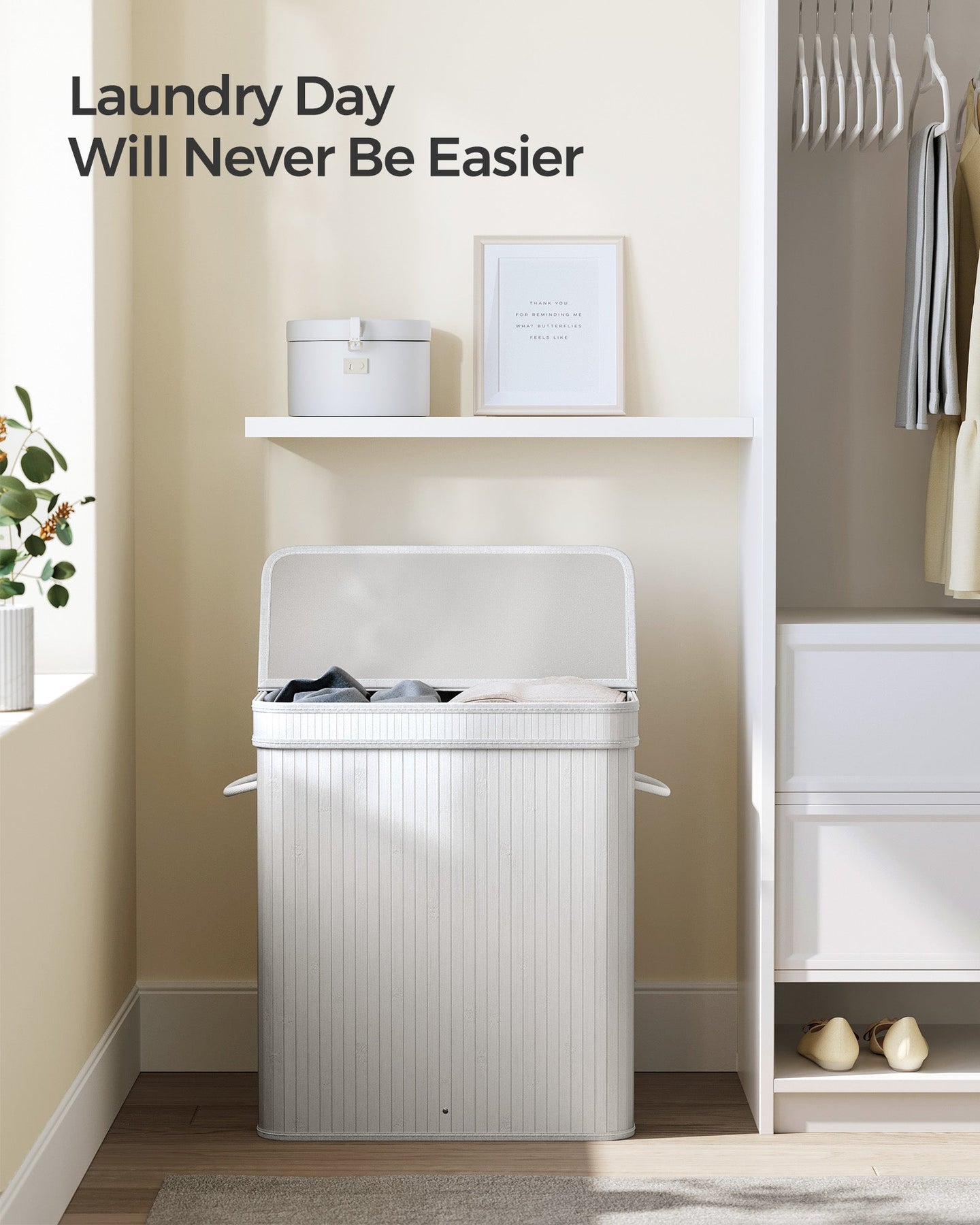 Laundry Hamper - Bamboo - White - 100L with Lid and Handles