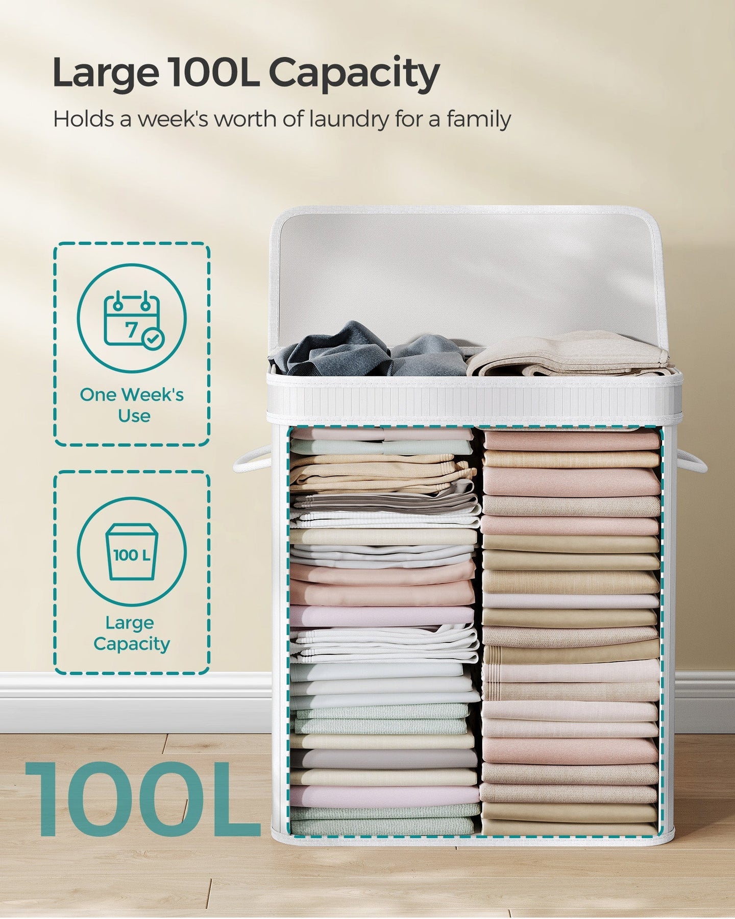 Laundry Hamper - Bamboo - White - 100L with Lid and Handles