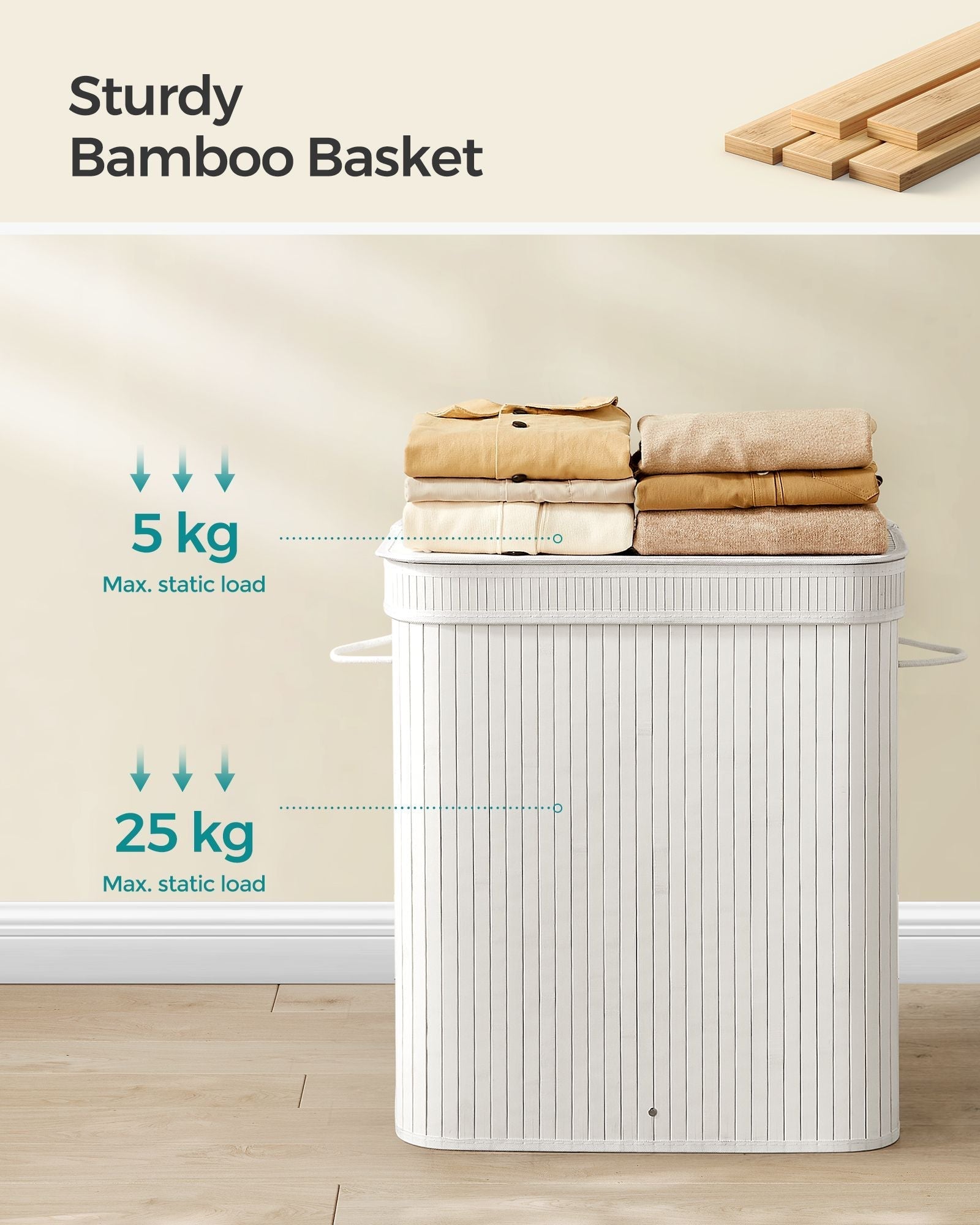 Laundry Hamper - Bamboo - White - 100L with Lid and Handles