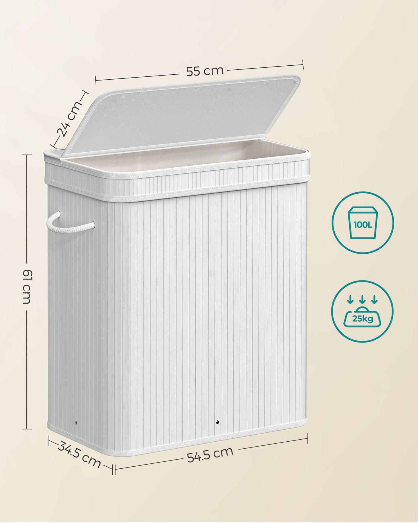 Laundry Hamper - Bamboo - White - 100L with Lid and Handles