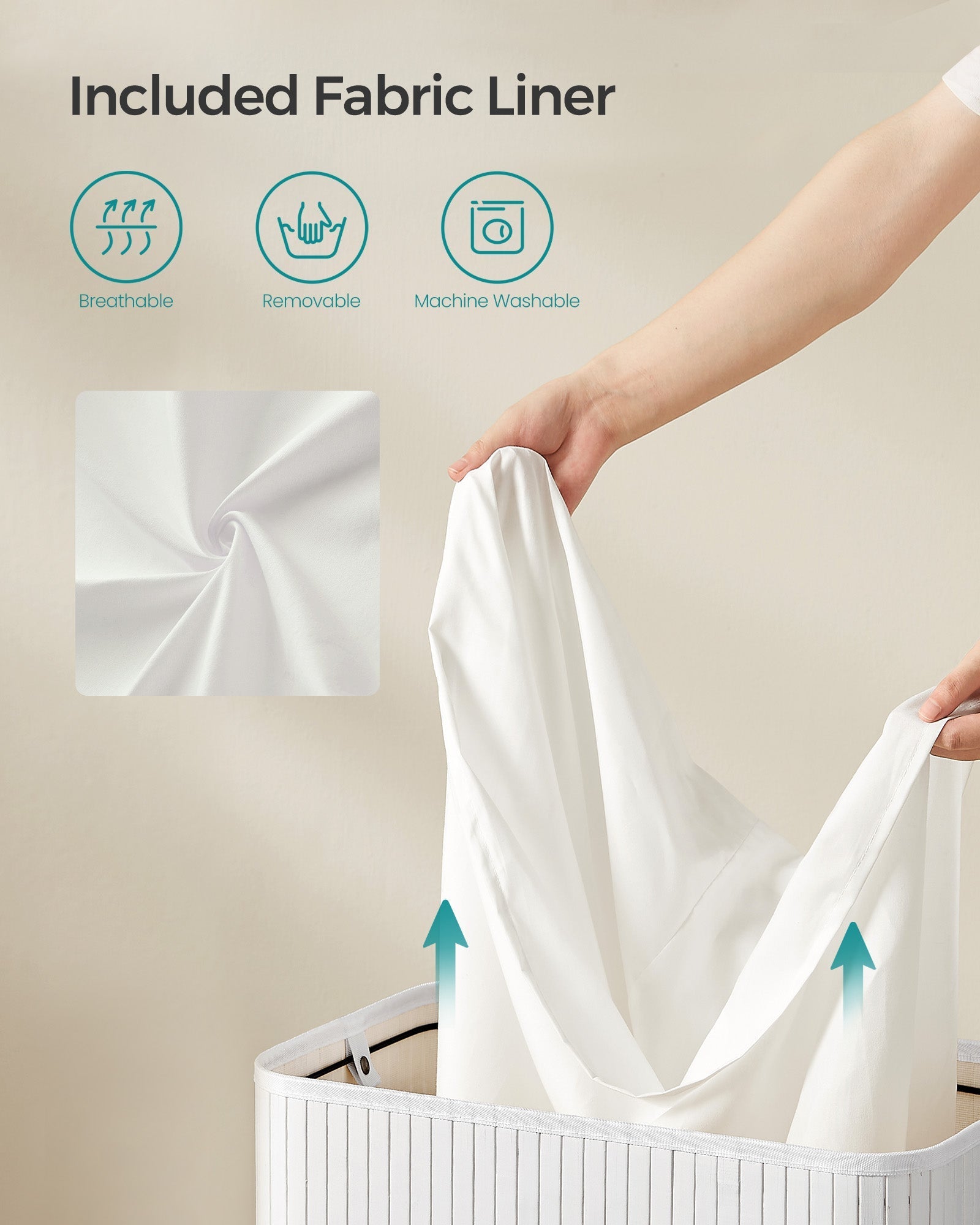 Laundry Hamper - Bamboo - White - 100L with Lid and Handles