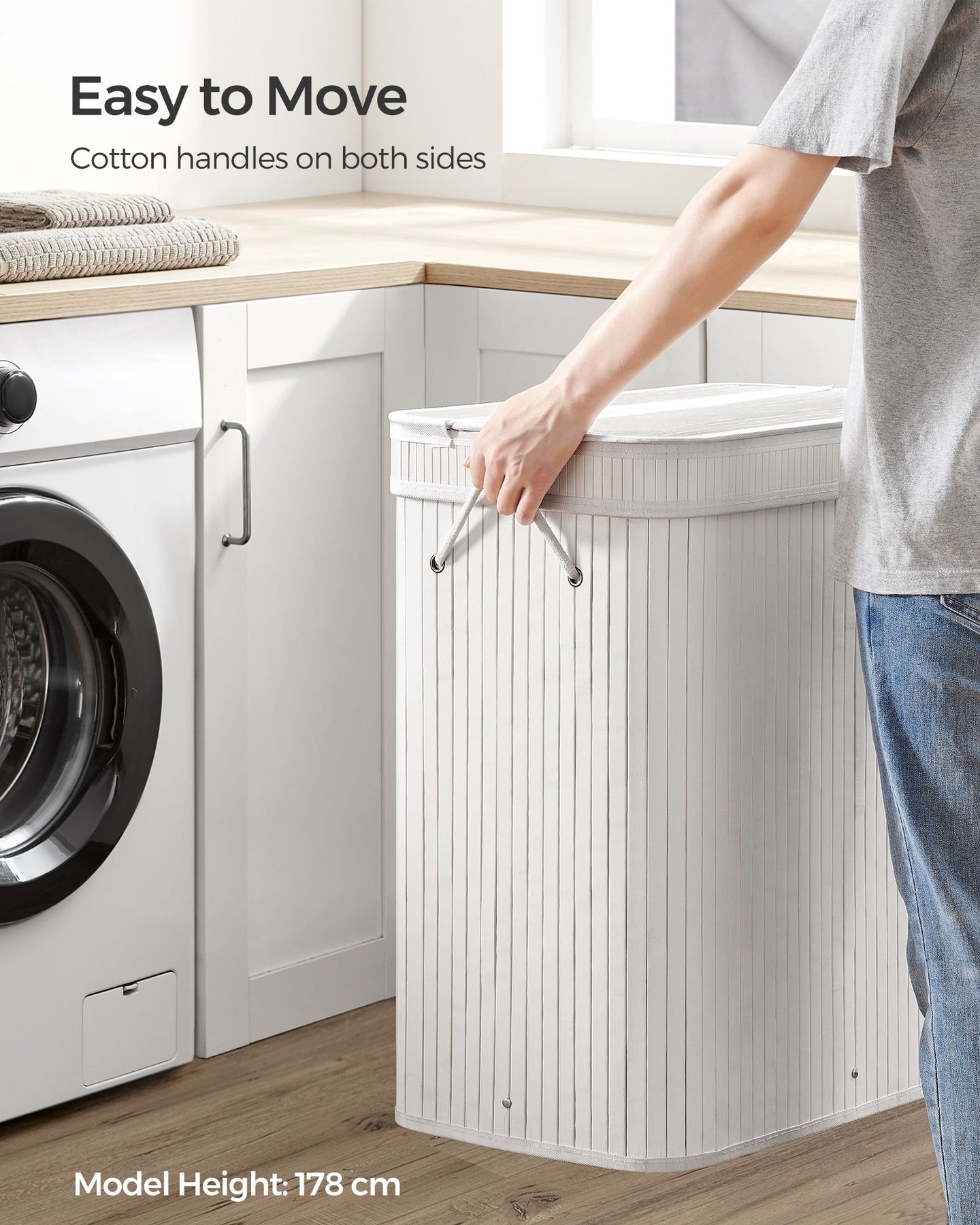 Laundry Hamper - Bamboo - White - 100L with Lid and Handles