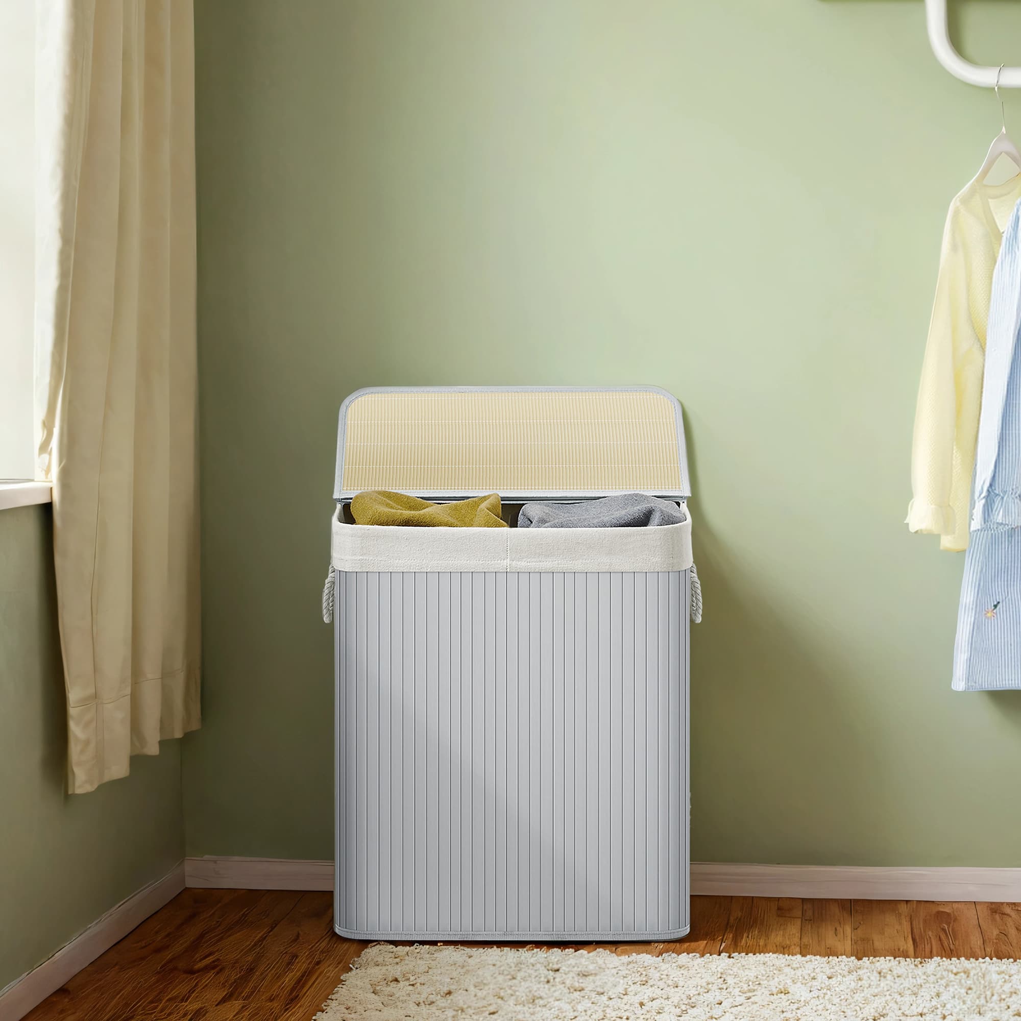 Laundry Basket - Bamboo - Grey - 2 Sorting Compartments with Removable Liners