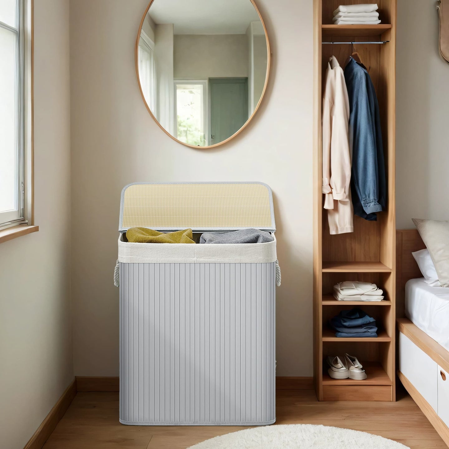 Laundry Basket - Bamboo - Grey - 2 Sorting Compartments with Removable Liners
