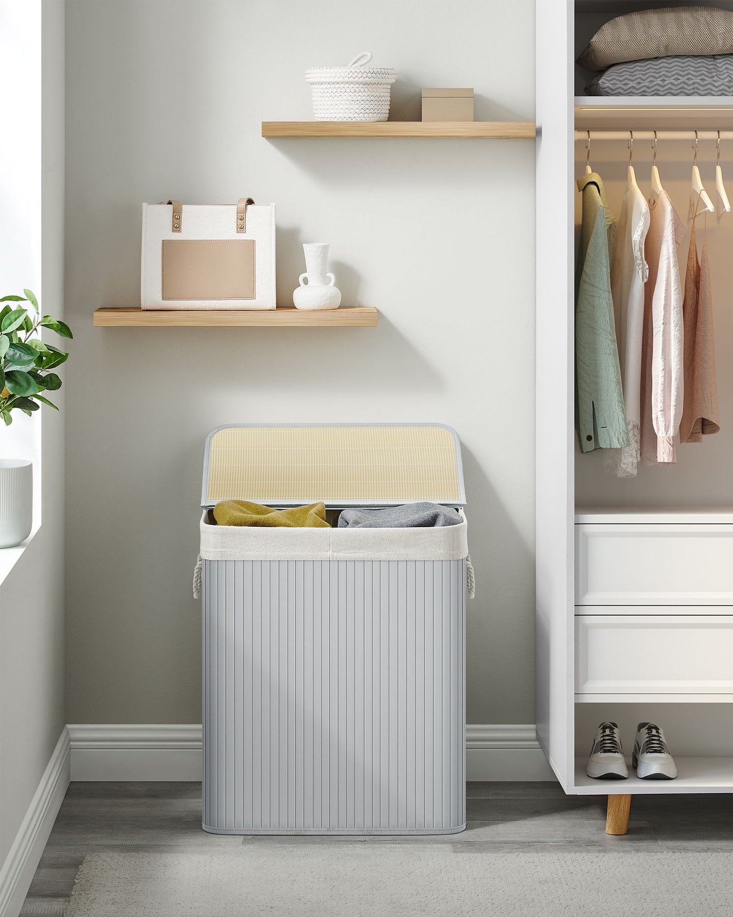 Divided Laundry Basket - Bamboo - Grey - 100L Capacity with Removable Liners and Lid