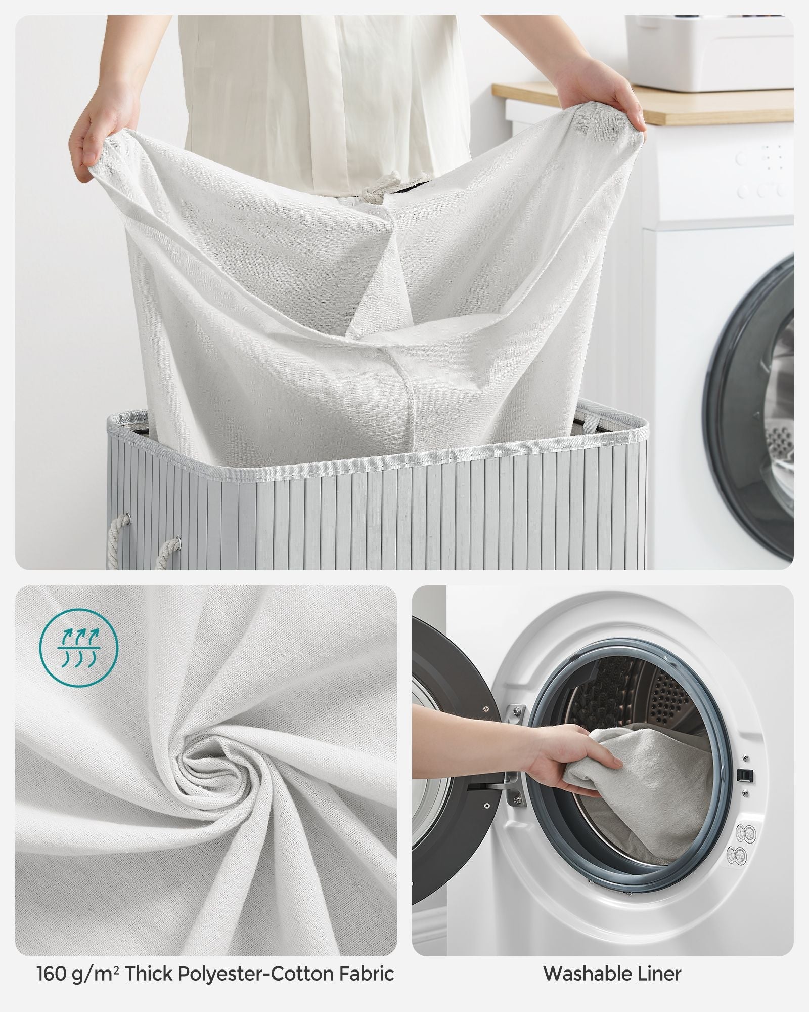 Divided Laundry Basket - Bamboo - Grey - 100L Capacity with Removable Liners and Lid