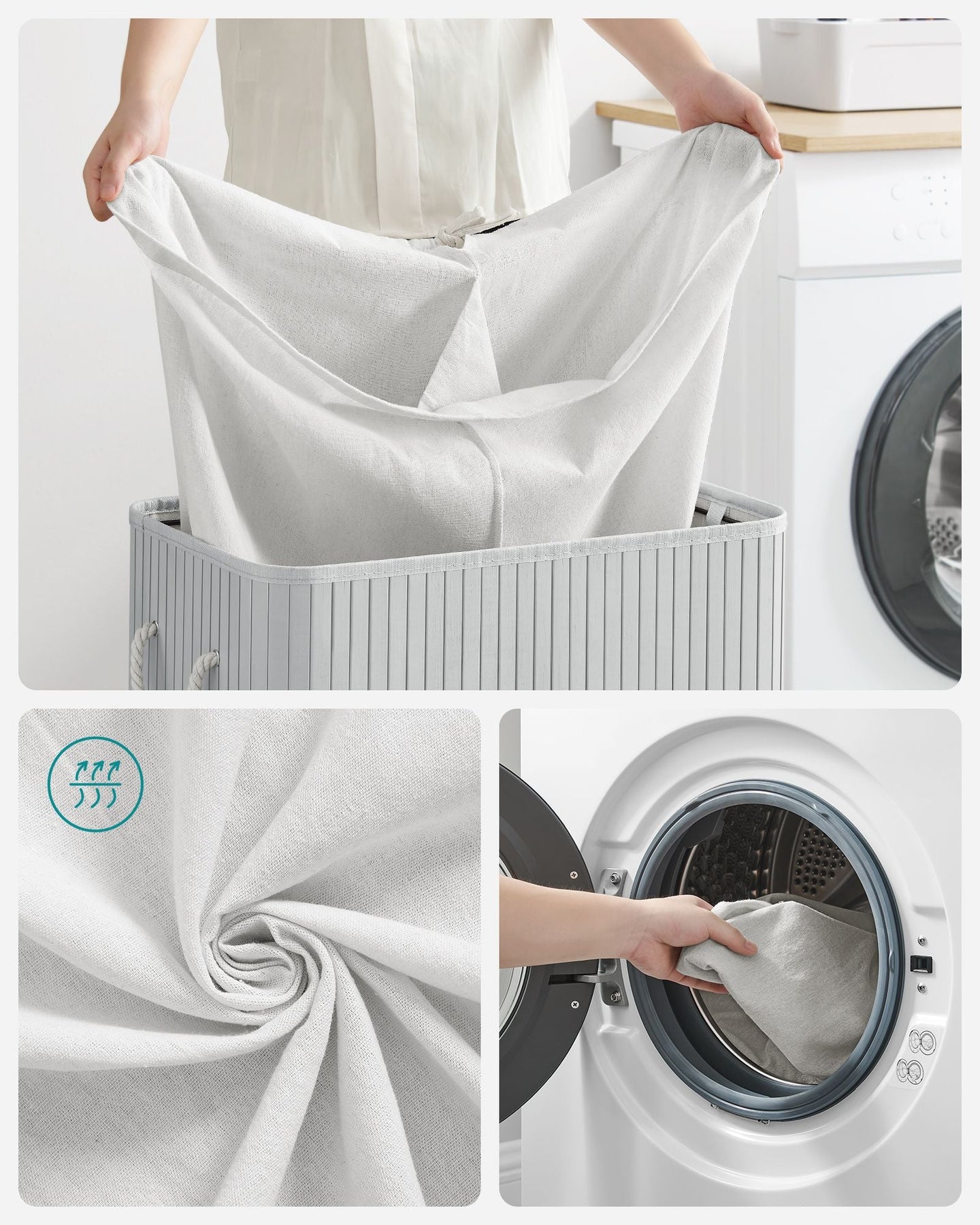Divided Laundry Basket - Bamboo - Grey - 100L Capacity with Removable Liners and Lid