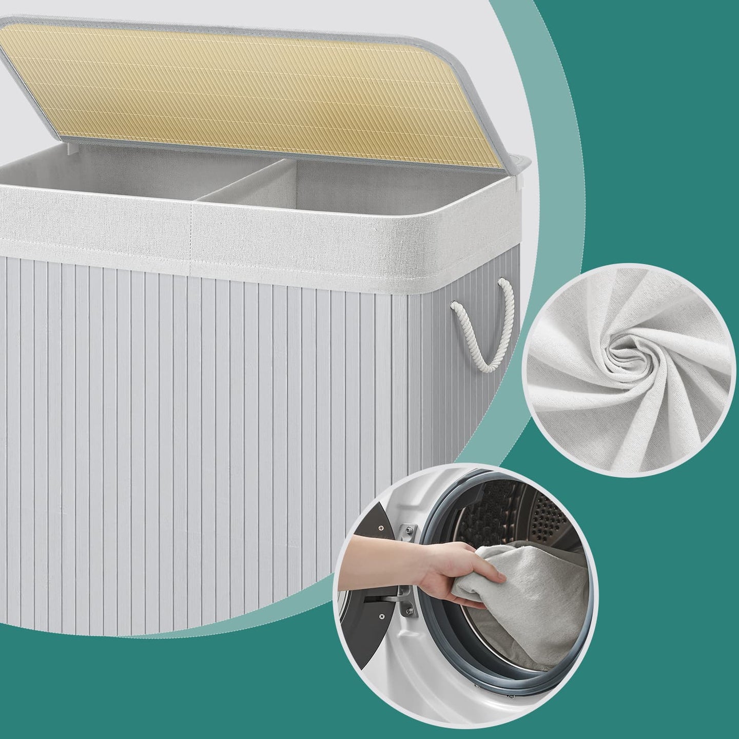 Laundry Basket - Bamboo - Grey - 2 Sorting Compartments with Removable Liners