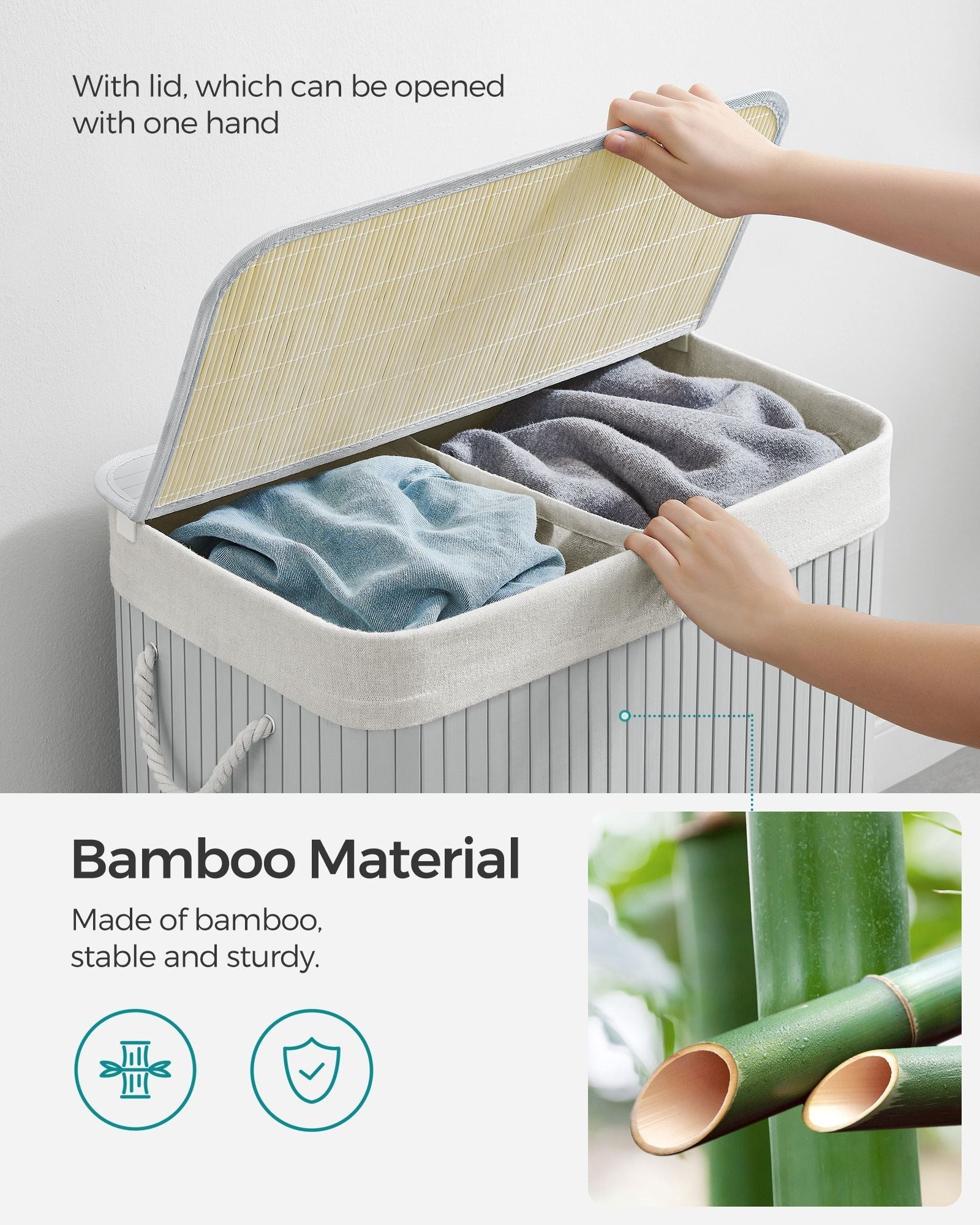 Divided Laundry Basket - Bamboo - Grey - 100L Capacity with Removable Liners and Lid