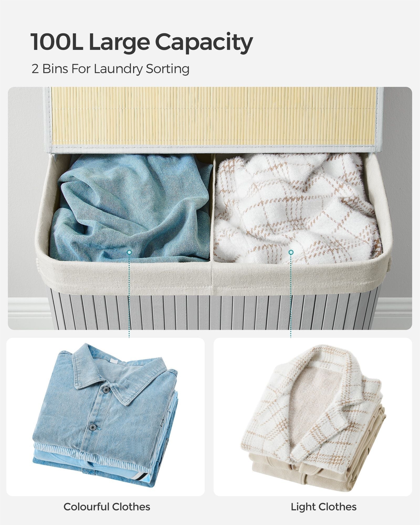 Divided Laundry Basket - Bamboo - Grey - 100L Capacity with Removable Liners and Lid