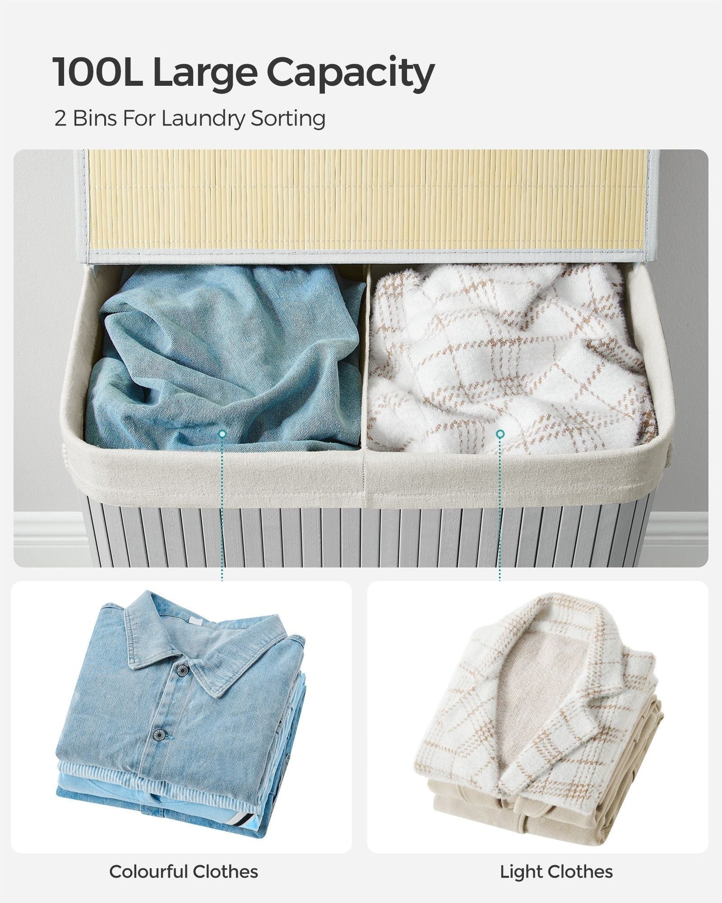Divided Laundry Basket - Bamboo - Grey - 100L Capacity with Removable Liners and Lid