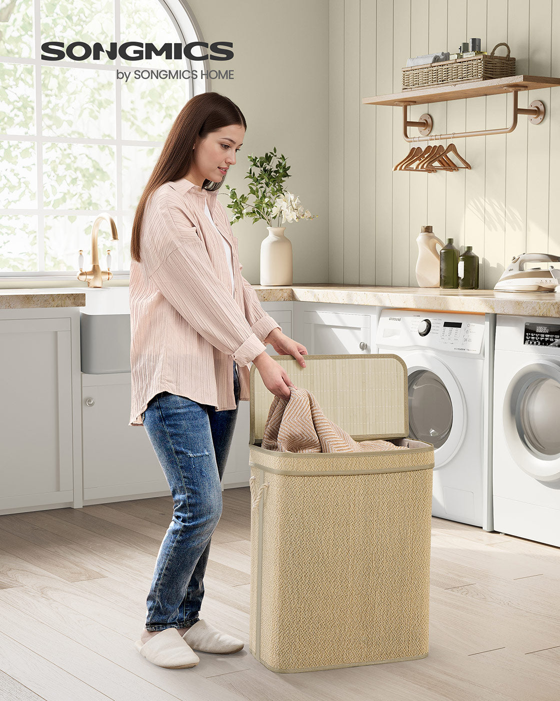 Laundry Basket - Bamboo - Natural - 90 L with Removable Liner and Lid