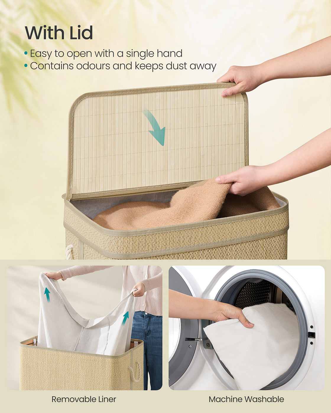 Laundry Basket - Bamboo - Natural - 90 L with Removable Liner and Lid