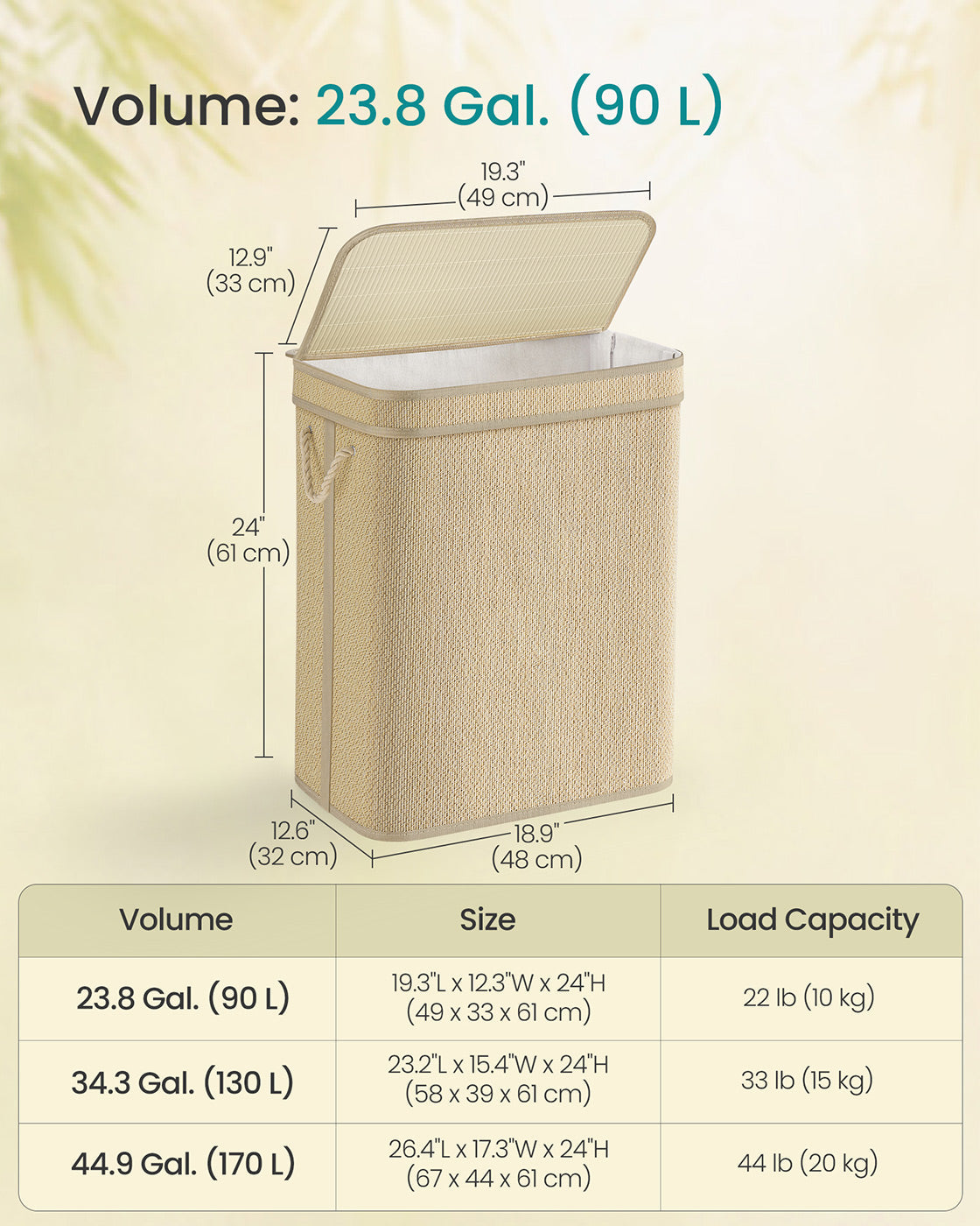 Laundry Basket - Bamboo - Natural - 90 L with Removable Liner and Lid