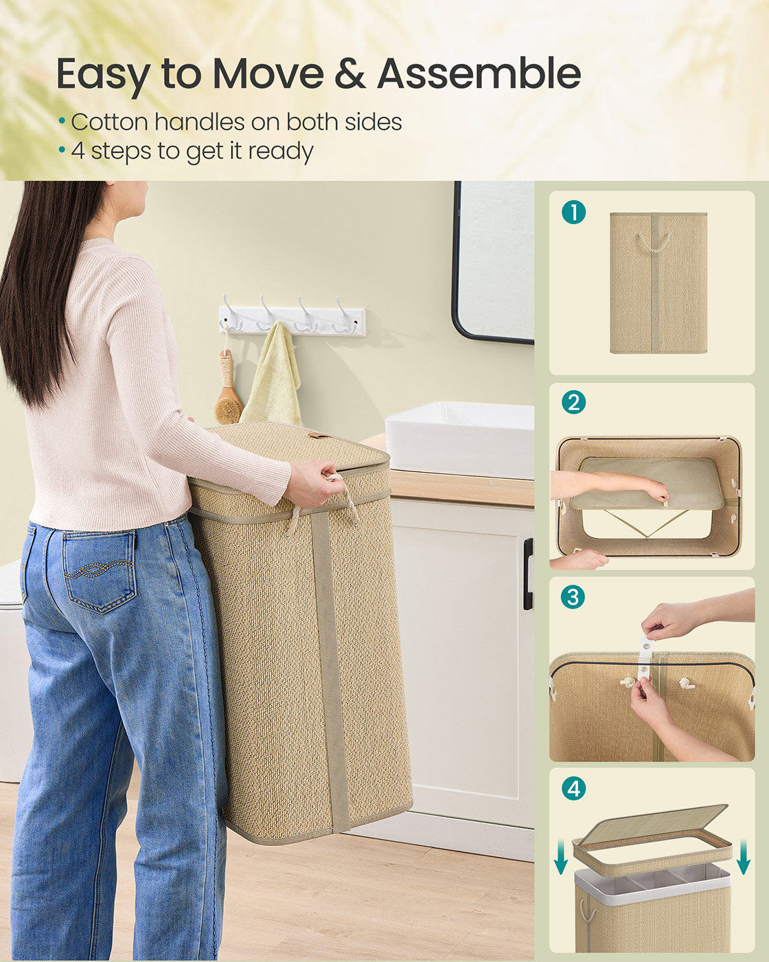 Laundry Basket - Bamboo - Natural - 90 L with Removable Liner and Lid