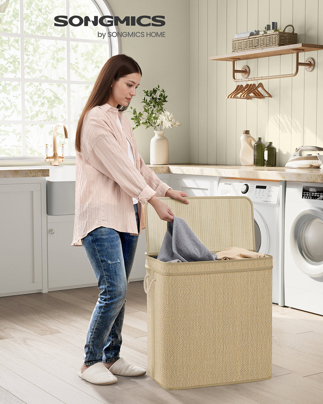 Laundry Basket - Bamboo - Natural - 130 L Capacity with Removable Liner and Lid
