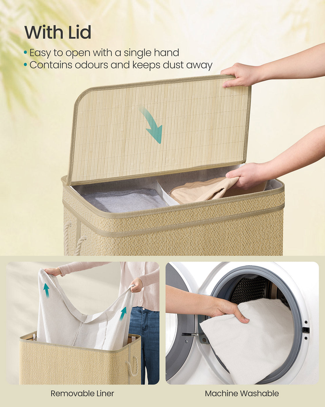 Laundry Basket - Bamboo - Natural - 130 L Capacity with Removable Liner and Lid