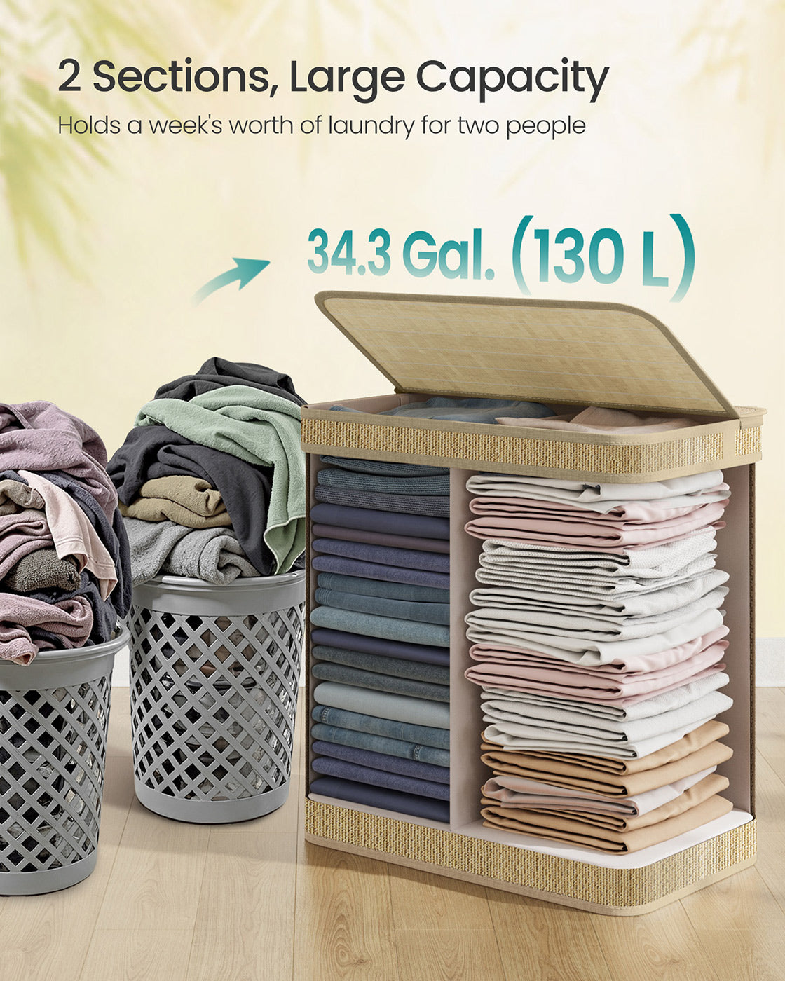 Laundry Basket - Bamboo - Natural - 130 L Capacity with Removable Liner and Lid
