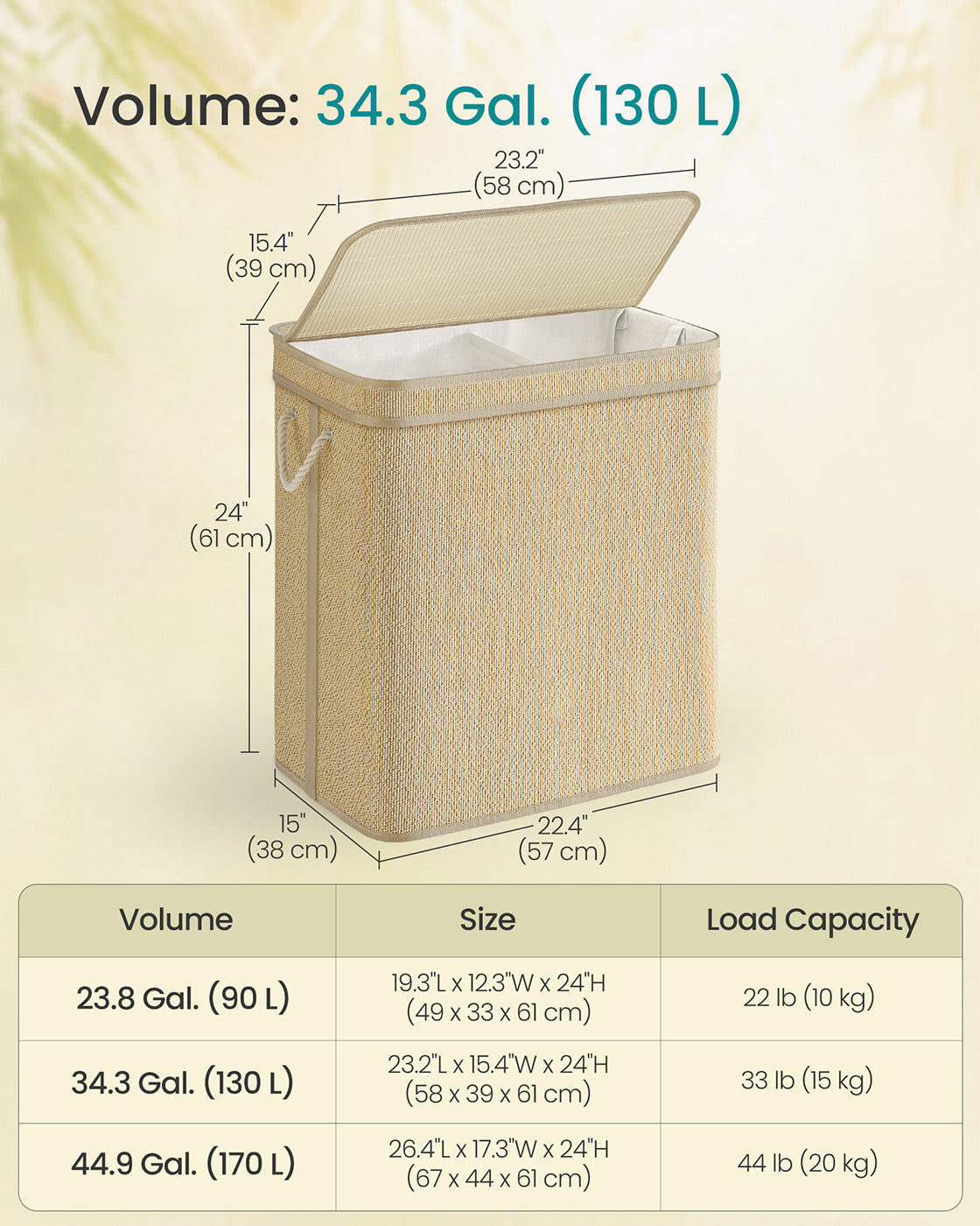 Laundry Basket - Bamboo - Natural - 130 L Capacity with Removable Liner and Lid