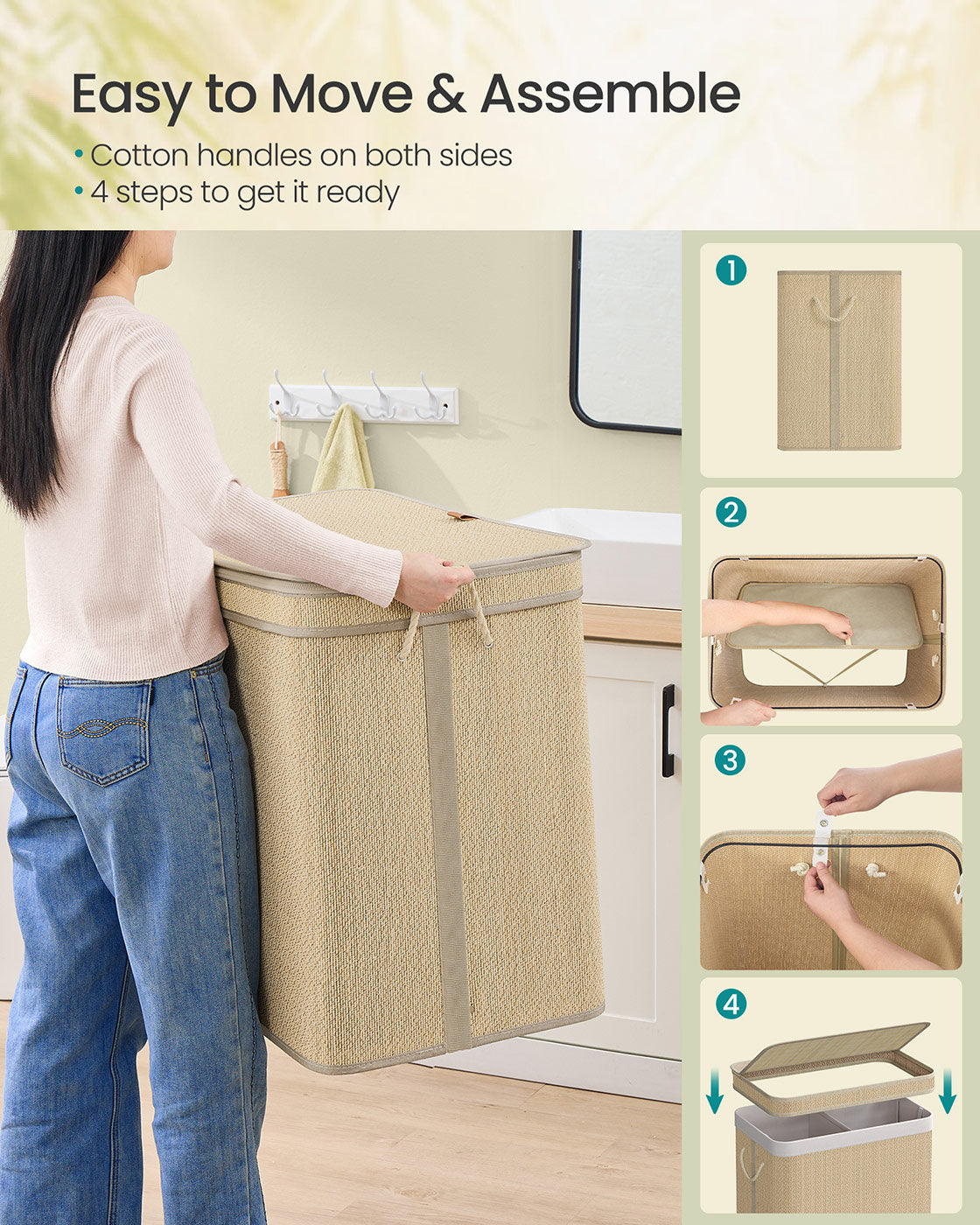 Laundry Basket - Bamboo - Natural - 130 L Capacity with Removable Liner and Lid