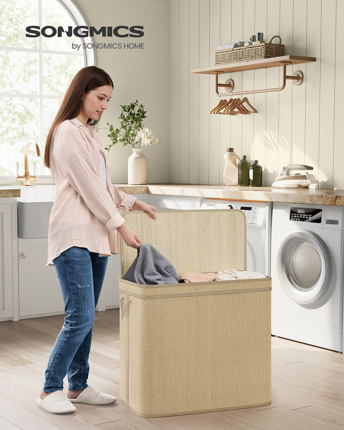 Laundry Basket - Bamboo - Natural - 170 L Capacity with Removable Liner and Lid