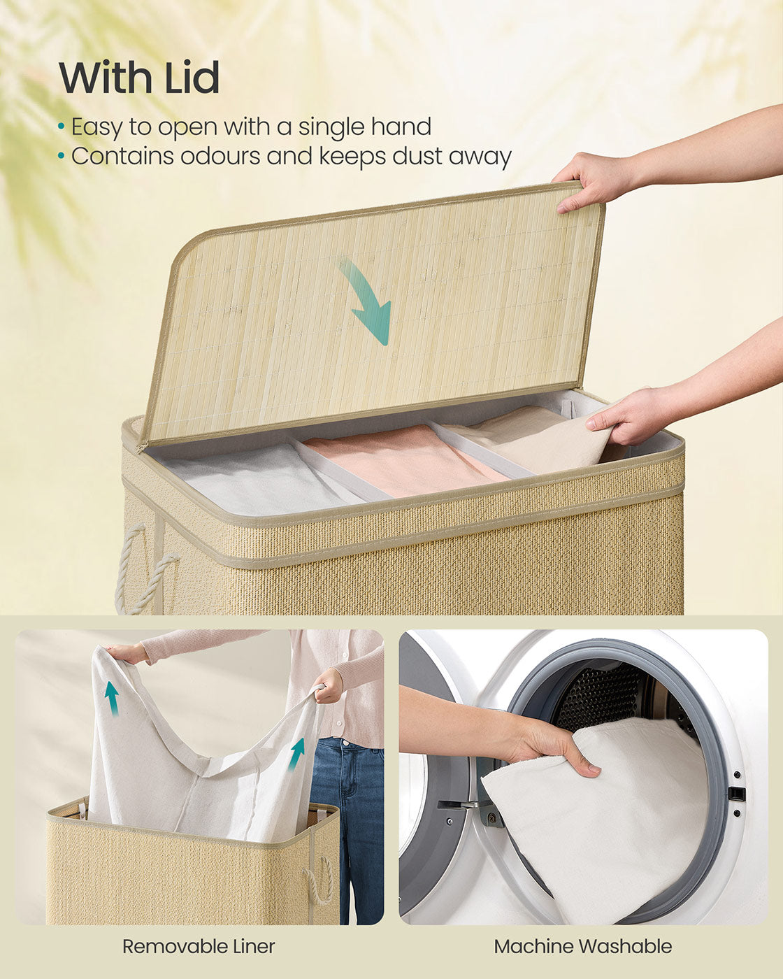 Laundry Basket - Bamboo - Natural - 170 L Capacity with Removable Liner and Lid