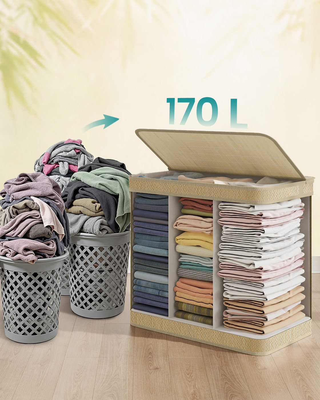 Laundry Basket - Bamboo - Natural - 170 L Capacity with Removable Liner and Lid